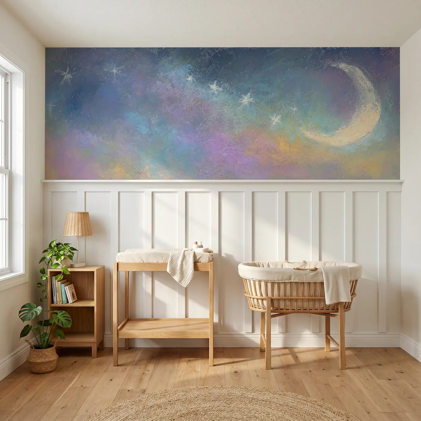 Soft Pastel moon star baby sleep wainscoting wallpaper for nursery by Whimsy Tots.