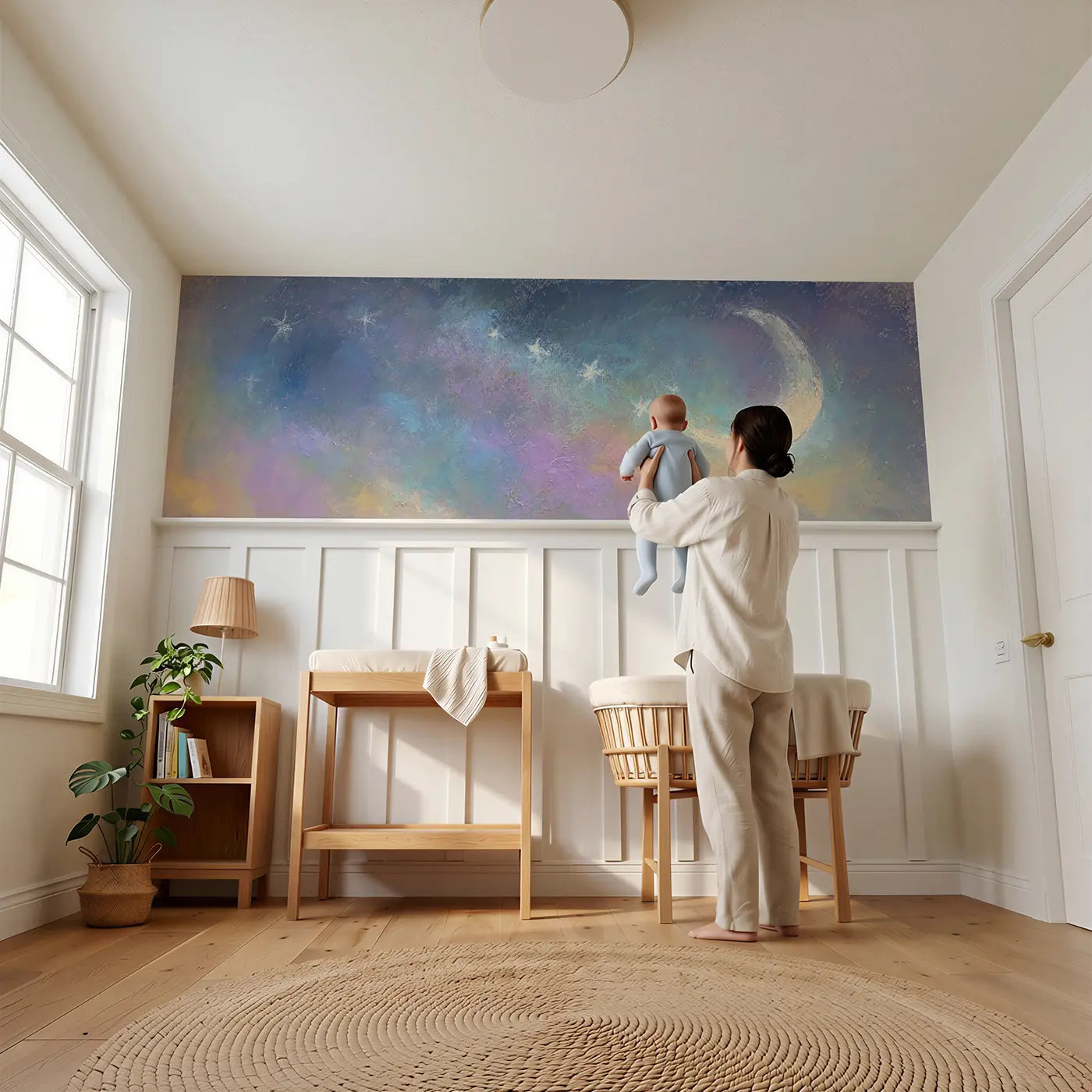 Child reading near Fuzzy Moon Star Baby Sleep Wainscoting Wallpaper by Whimsy Tots