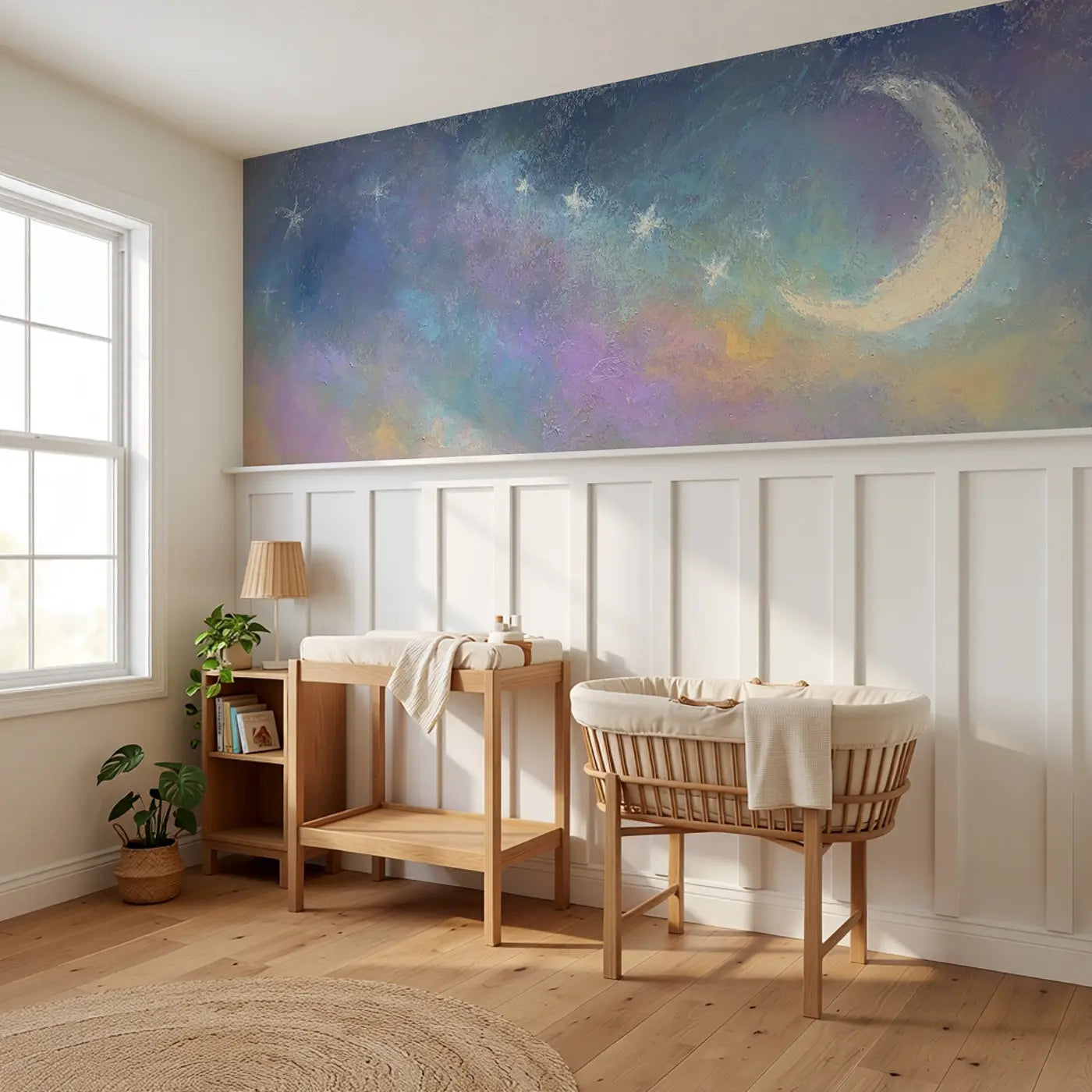 Fuzzy Moon Star Baby Sleep Wainscoting Wallpaper styled in a kids bedroom by Whimsy Tots