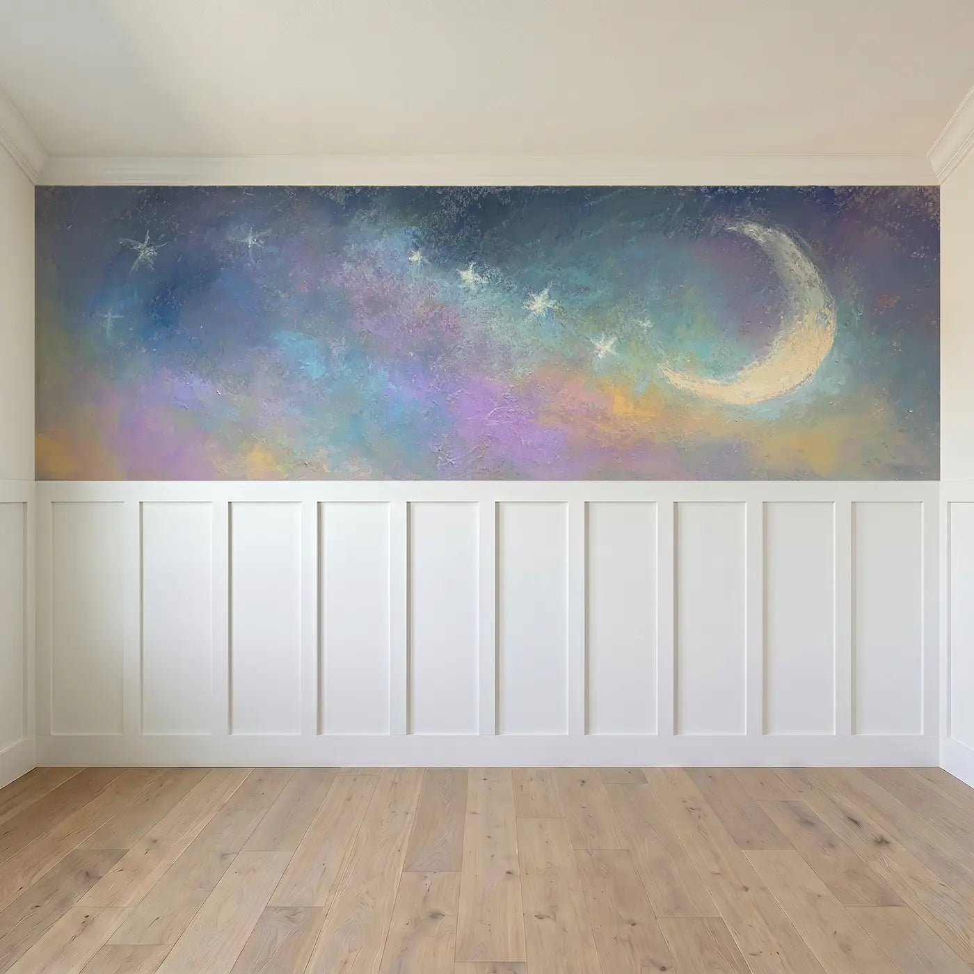 Full panel view of Fuzzy Moon Star Baby Sleep Wainscoting Wallpaper by Whimsy Tots