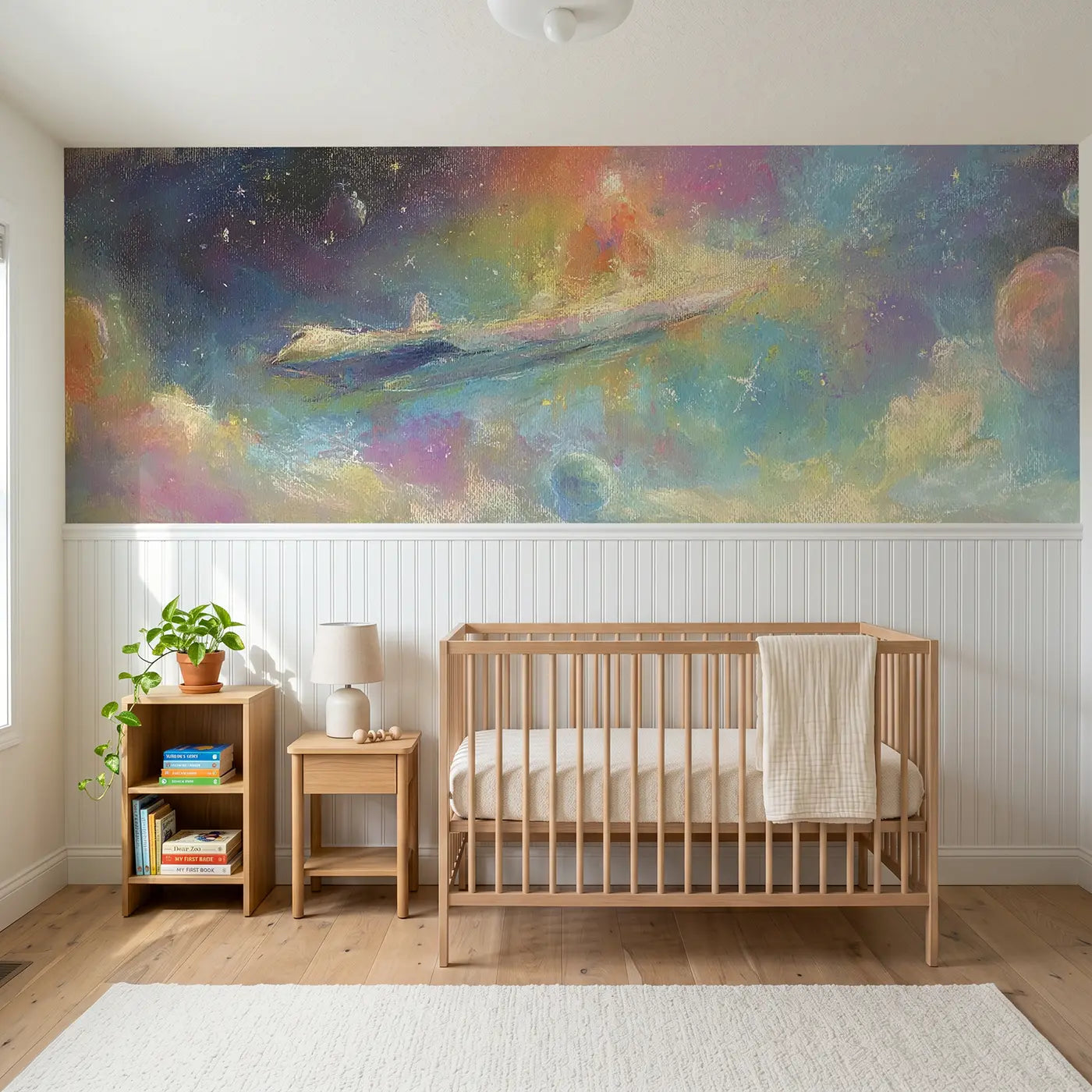 Soft Pastel planet train dream wainscoting wallpaper for nursery by Whimsy Tots.