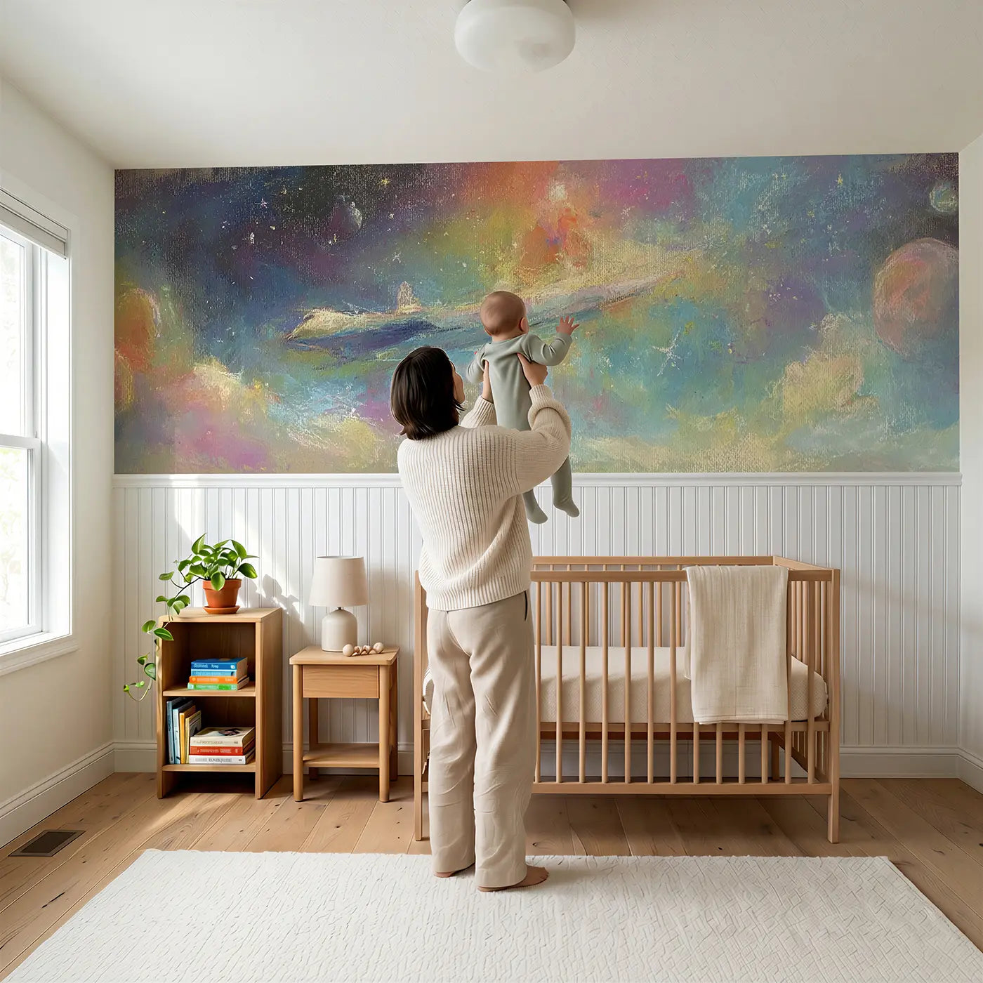 Child reading near Pastel Planet Train Dream Wainscoting Wallpaper by Whimsy Tots