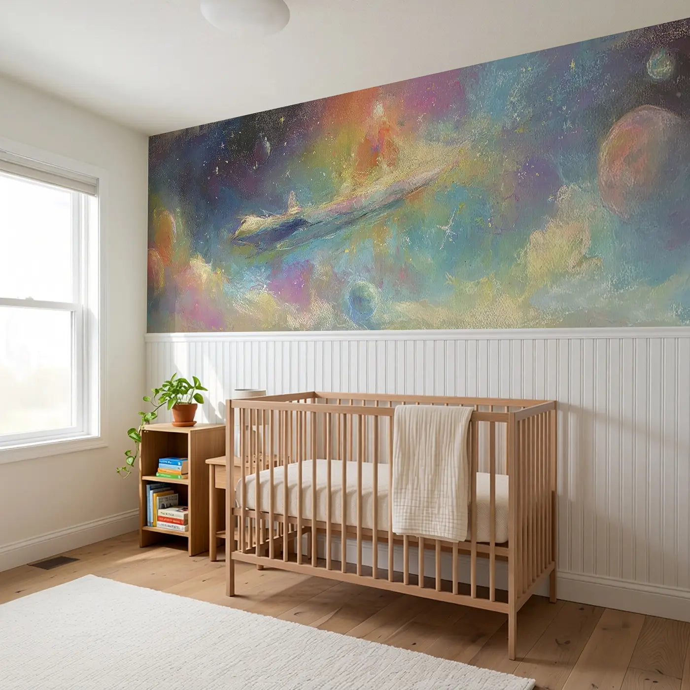Pastel Planet Train Dream Wainscoting Wallpaper styled in a kids bedroom by Whimsy Tots
