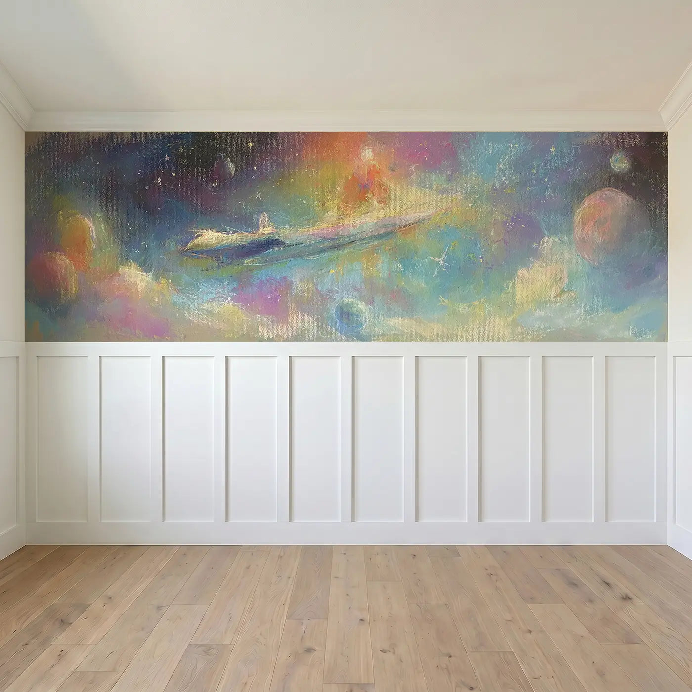 Full panel view of Pastel Planet Train Dream Wainscoting Wallpaper by Whimsy Tots