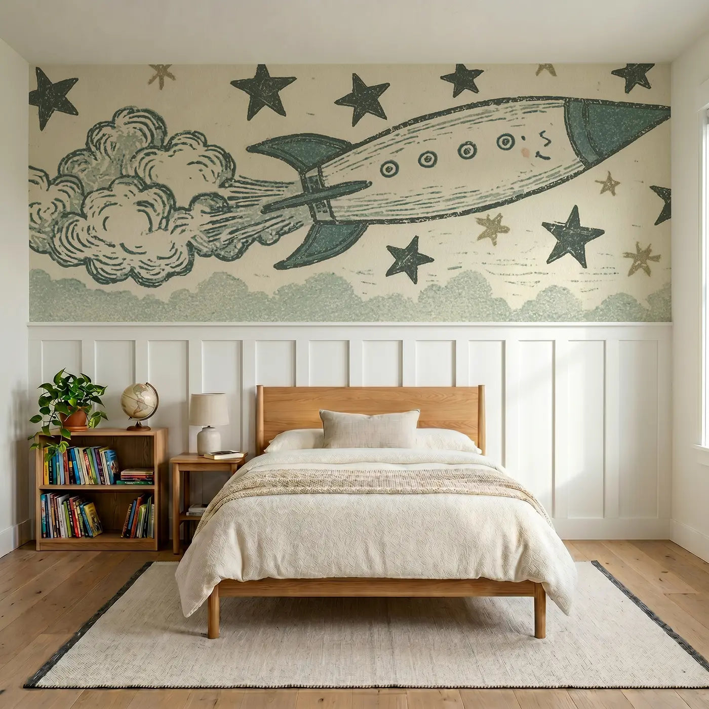 Block Print rocket star band wainscoting wallpaper for bedroom by Whimsy Tots.