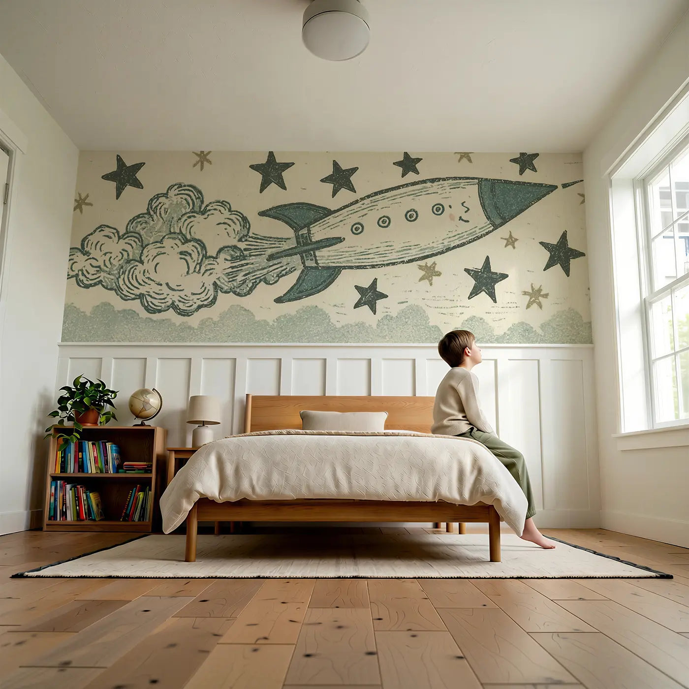 Child reading near Carved Rocket Star Band Wainscoting Wallpaper by Whimsy Tots