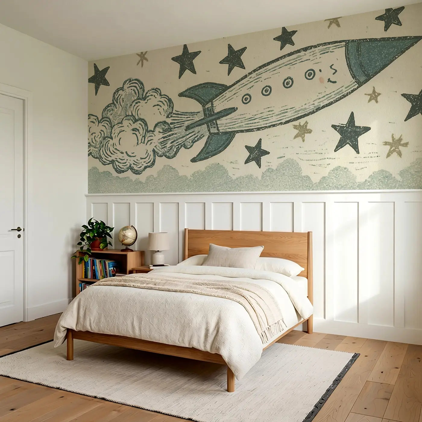 Carved Rocket Star Band Wainscoting Wallpaper styled in a kids bedroom by Whimsy Tots