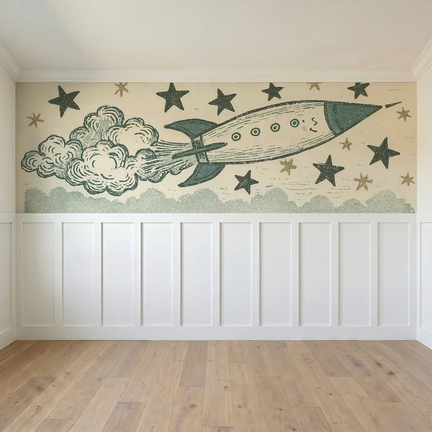 Full panel view of Carved Rocket Star Band Wainscoting Wallpaper by Whimsy Tots