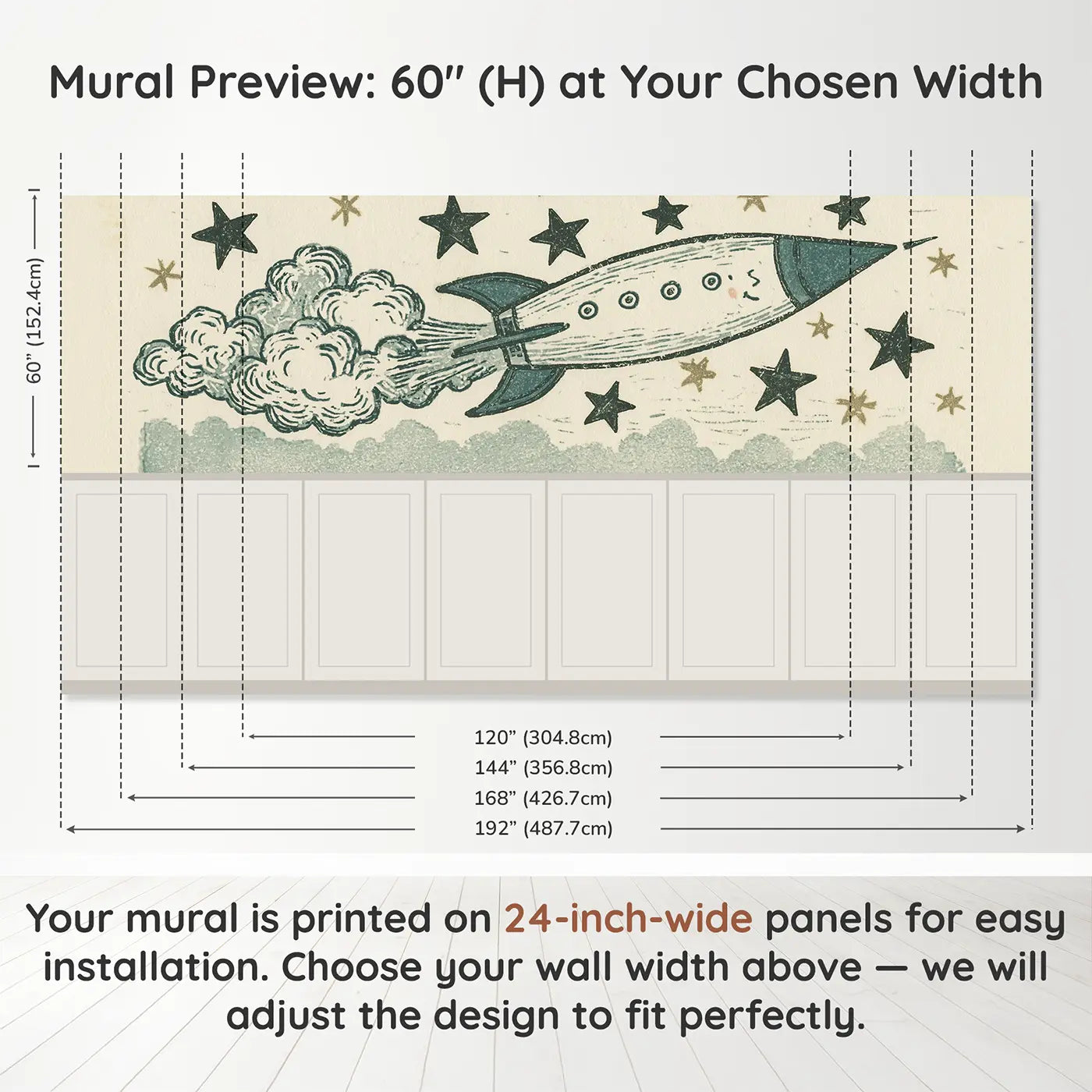 Panel dimensions for Carved Rocket Star Band Wainscoting Wallpaper by Whimsy Tots