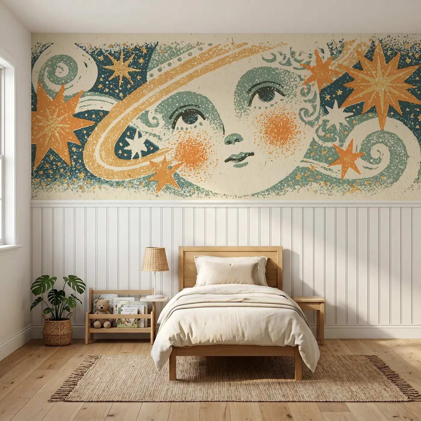 Block Print Saturn stars wainscoting wallpaper for bedroom by Whimsy Tots.