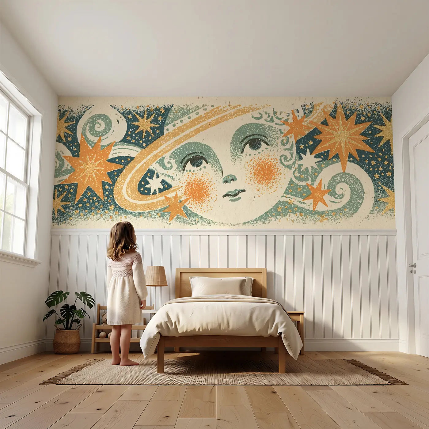 Child reading near Block Print Saturn Stars Wainscoting Wallpaper by Whimsy Tots