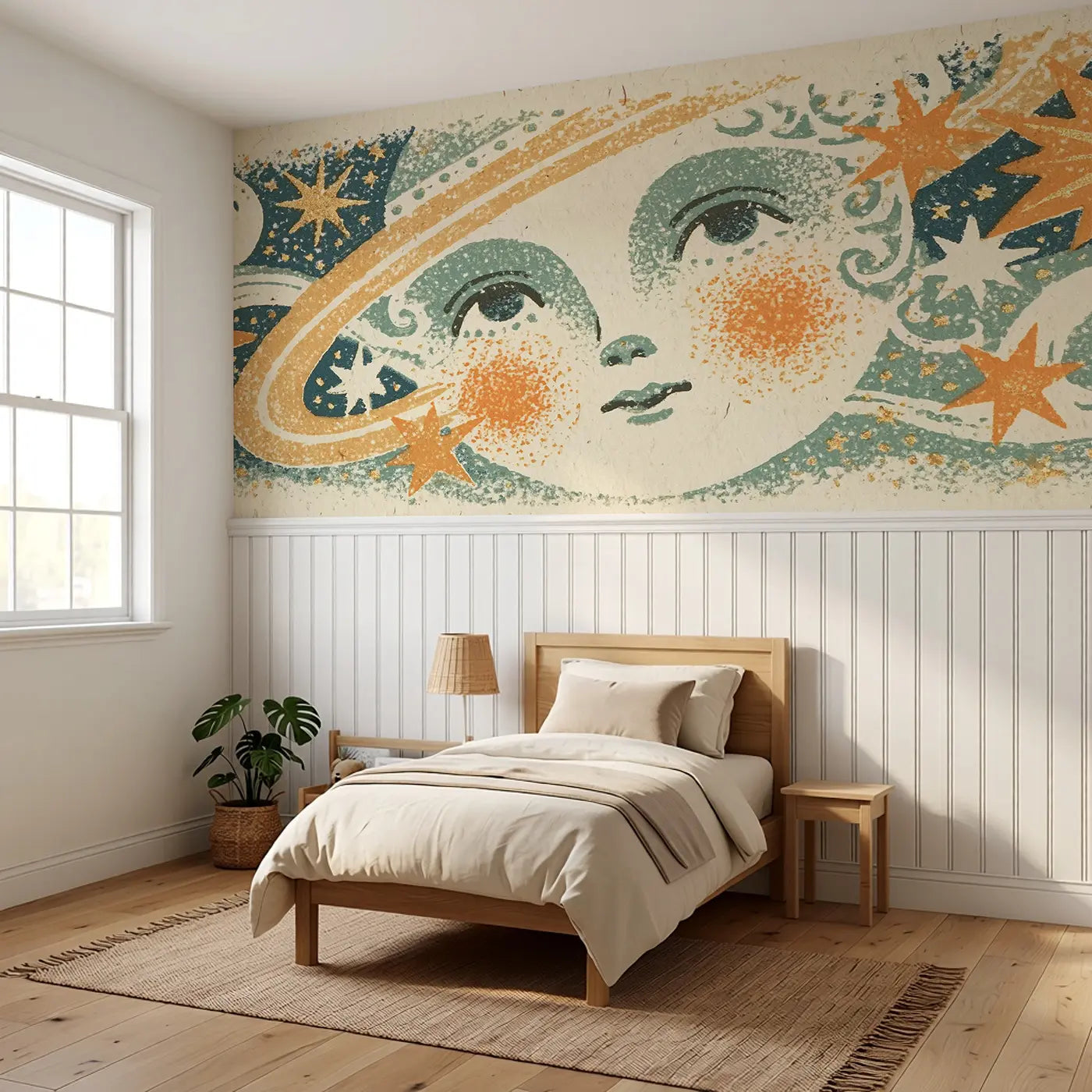 Block Print Saturn Stars Wainscoting Wallpaper styled in a kids bedroom by Whimsy Tots