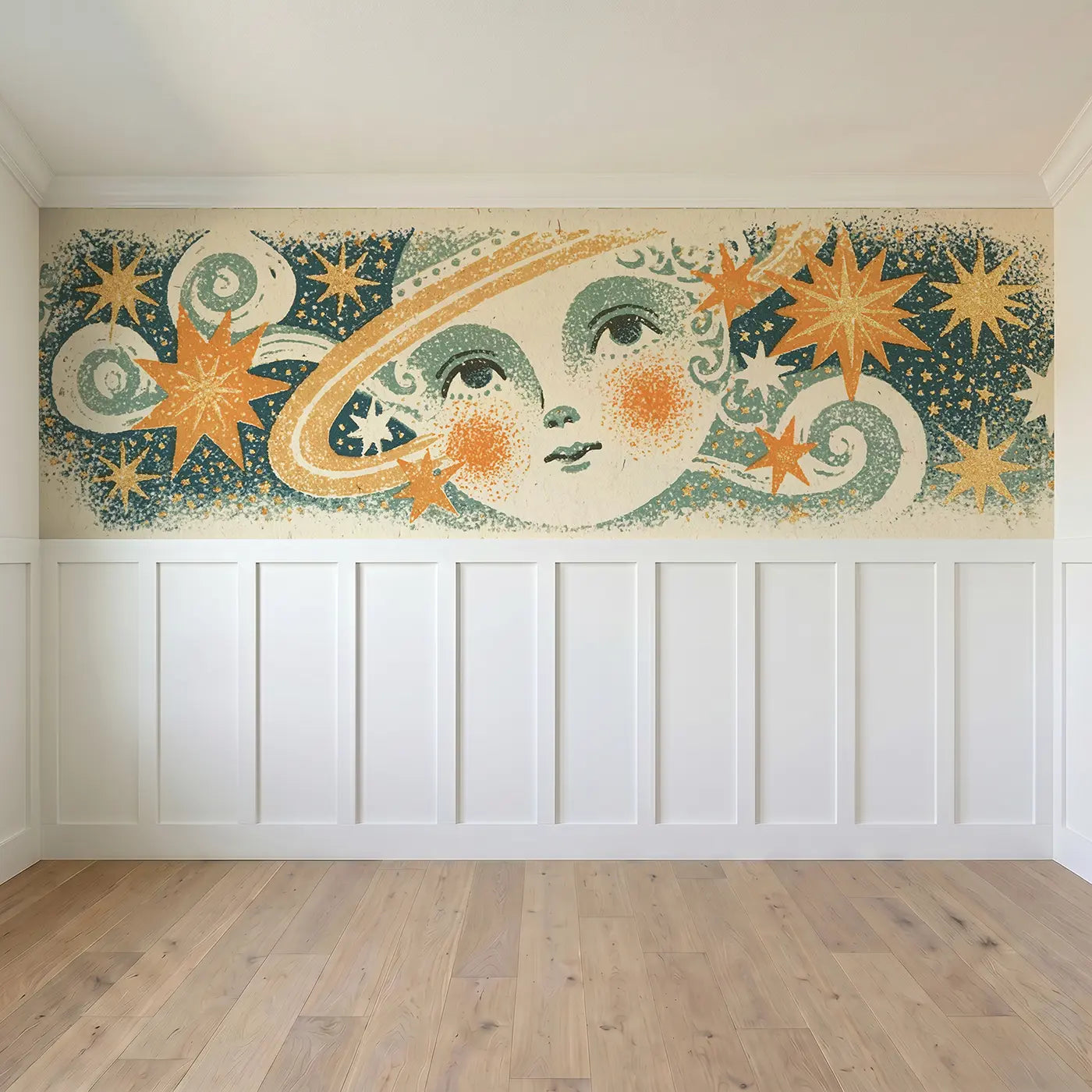 Full panel view of Block Print Saturn Stars Wainscoting Wallpaper by Whimsy Tots