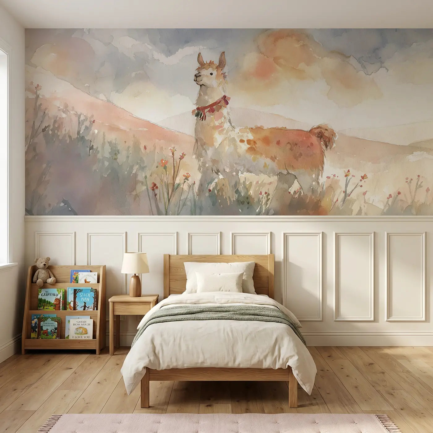 Watercolor llama meadow soft walk wainscoting wallpaper for bedroom by Whimsy Tots.