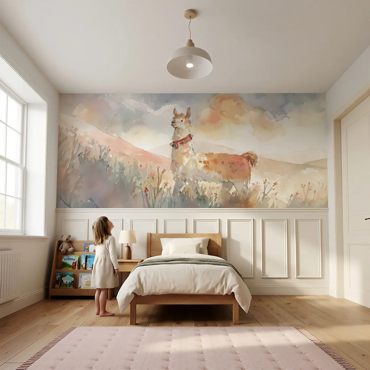 Child reading near Llama Meadow Soft Walk Wainscoting Wallpaper by Whimsy Tots