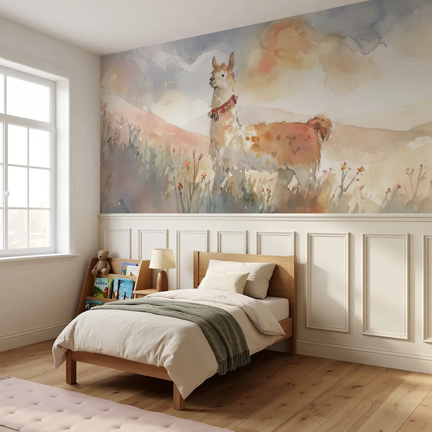 Llama Meadow Soft Walk Wainscoting Wallpaper styled in a kids bedroom by Whimsy Tots