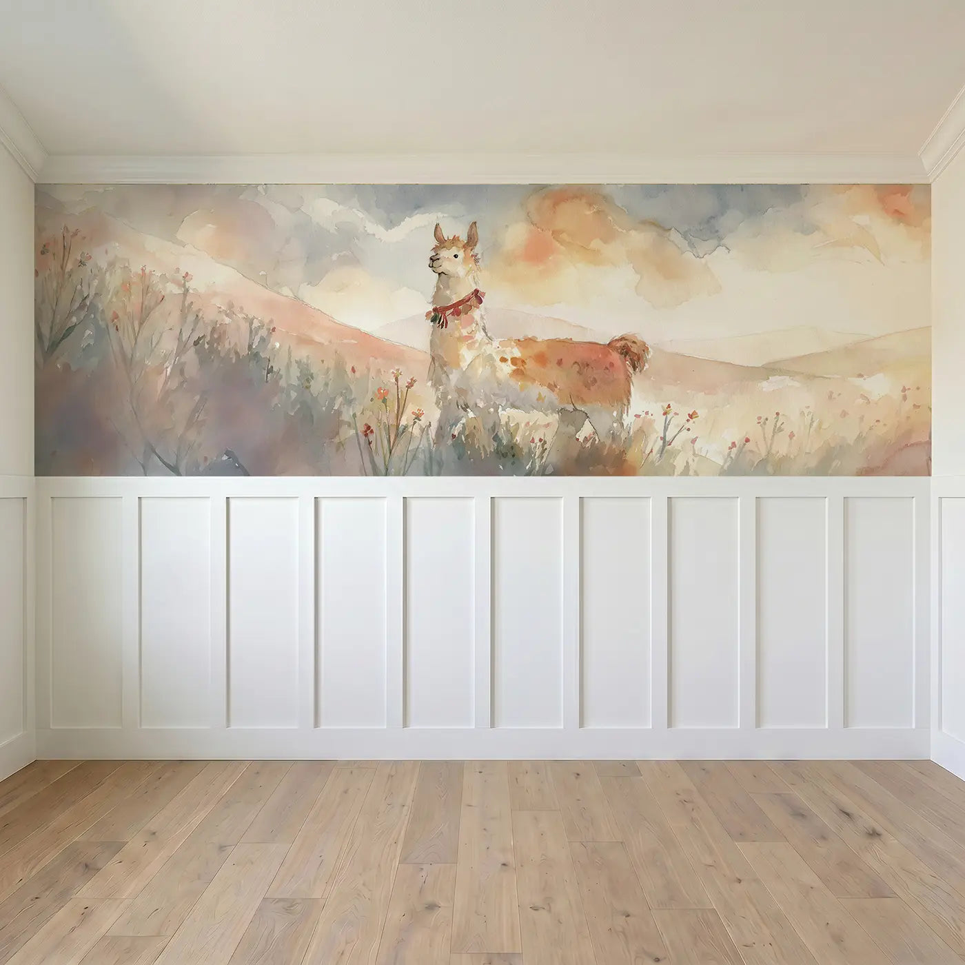 Full panel view of Llama Meadow Soft Walk Wainscoting Wallpaper by Whimsy Tots