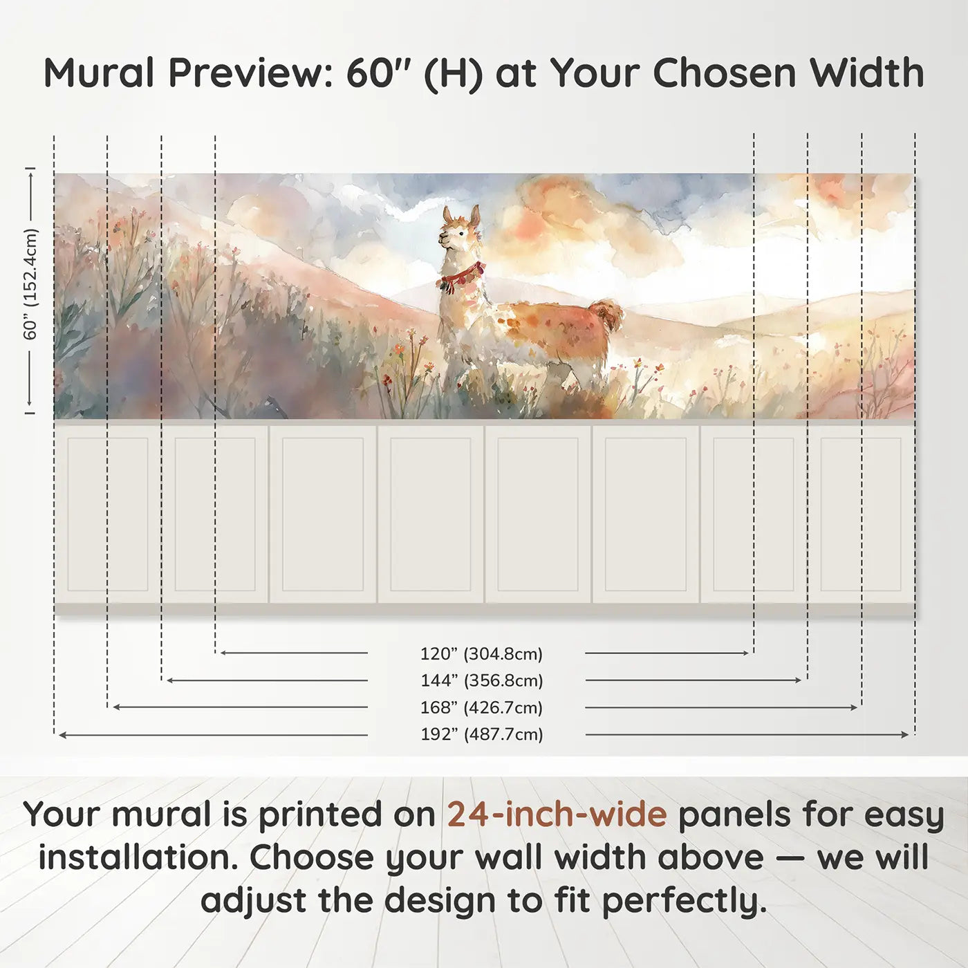 Panel dimensions for Llama Meadow Soft Walk Wainscoting Wallpaper by Whimsy Tots