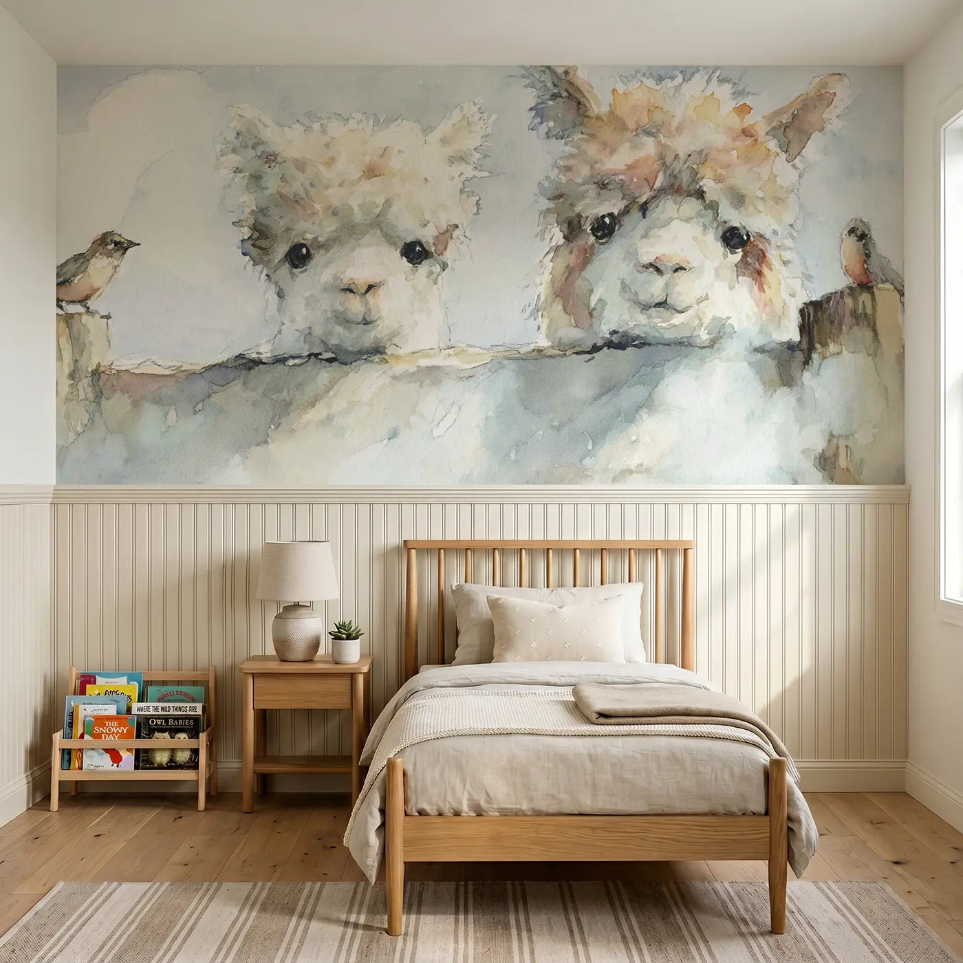 Watercolor alpaca farm fence morning wainscoting wallpaper for bedroom by Whimsy Tots.