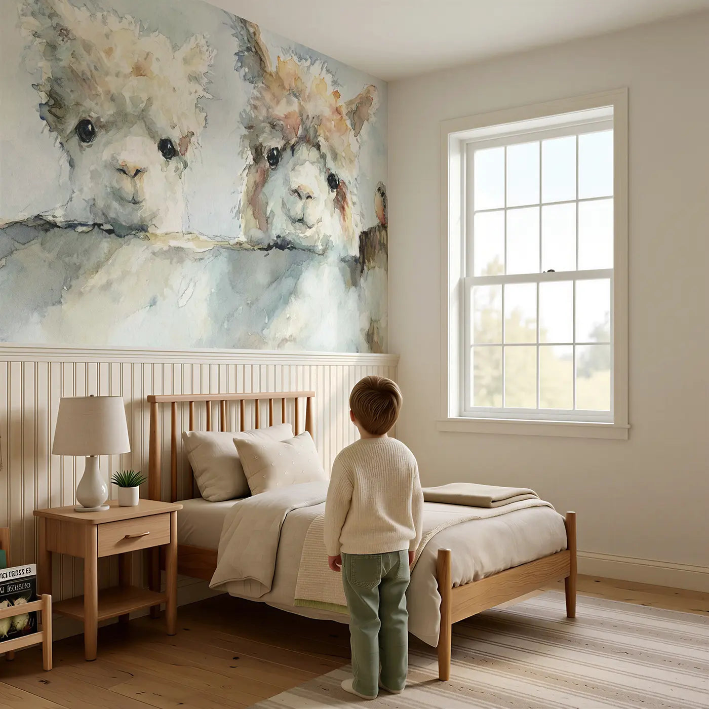 Child reading near Alpaca Farm Fence Morning Wainscoting Wallpaper by Whimsy Tots