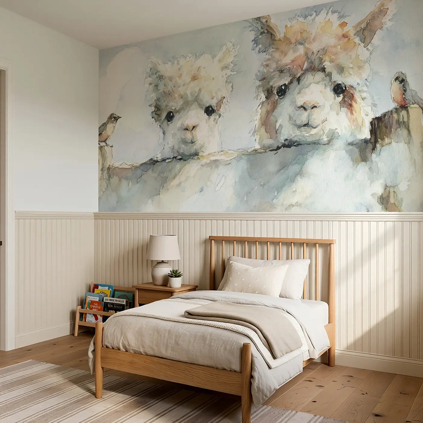 Alpaca Farm Fence Morning Wainscoting Wallpaper styled in a kids bedroom by Whimsy Tots