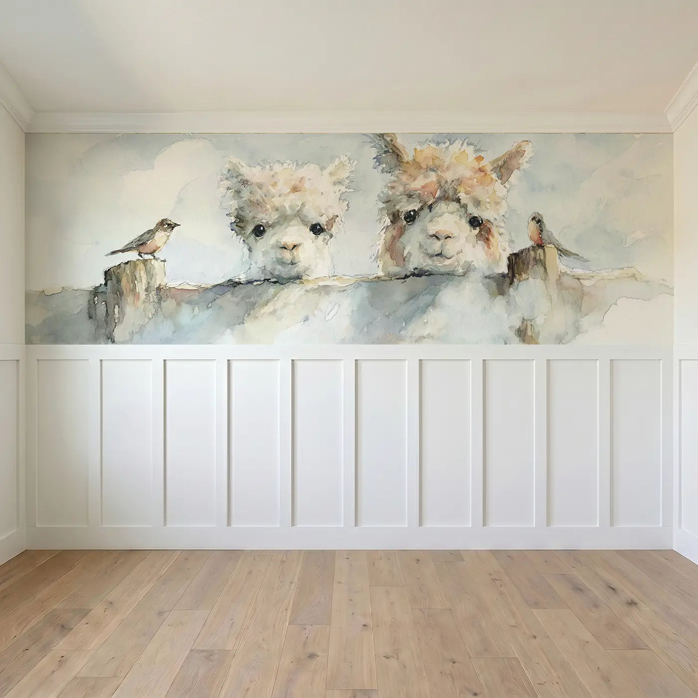 Full panel view of Alpaca Farm Fence Morning Wainscoting Wallpaper by Whimsy Tots