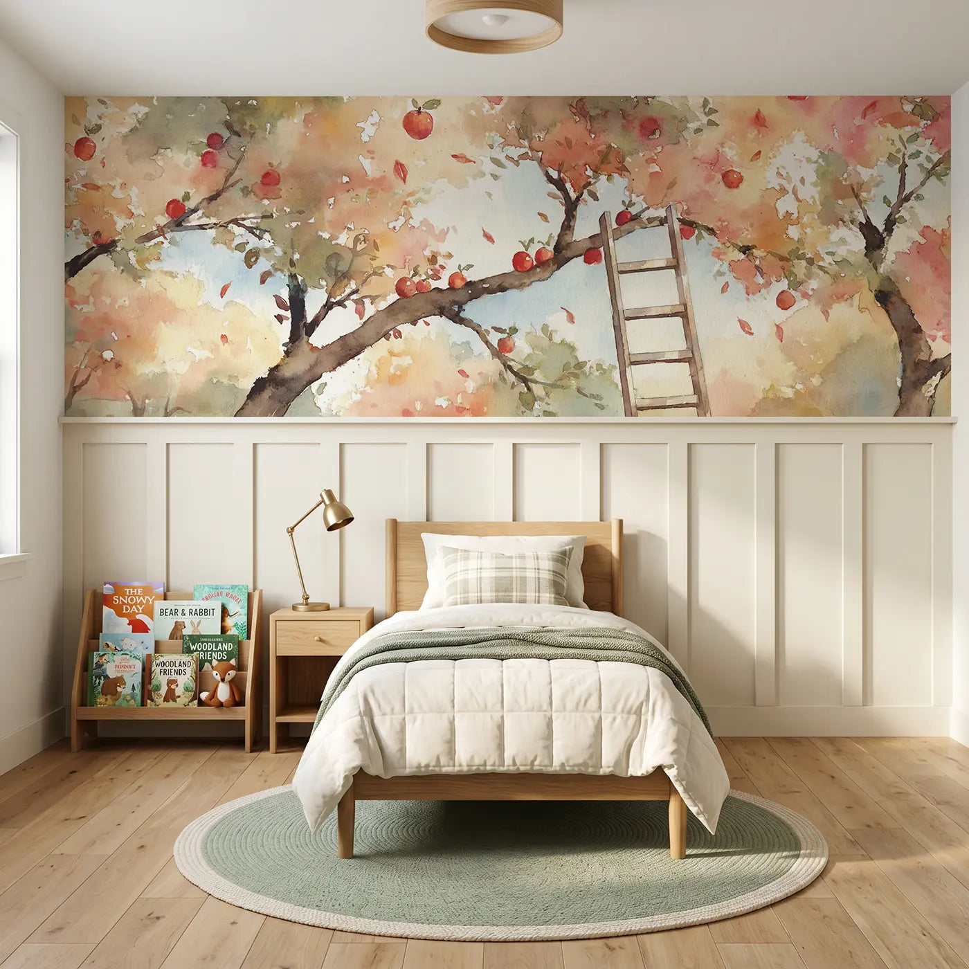 Watercolor apple orchard harvest wainscoting wallpaper for bedroom by Whimsy Tots.