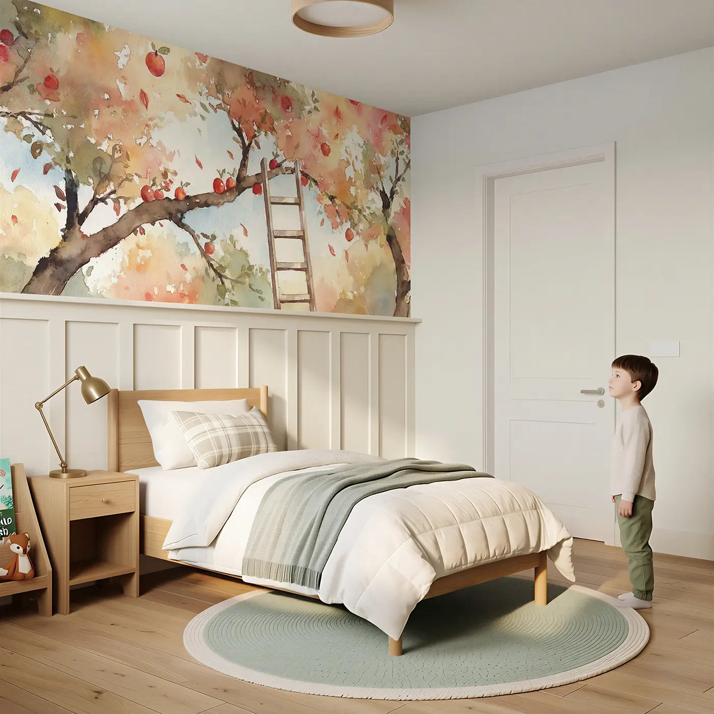Child reading near Apple Orchard Harvest Wainscoting Wallpaper by Whimsy Tots