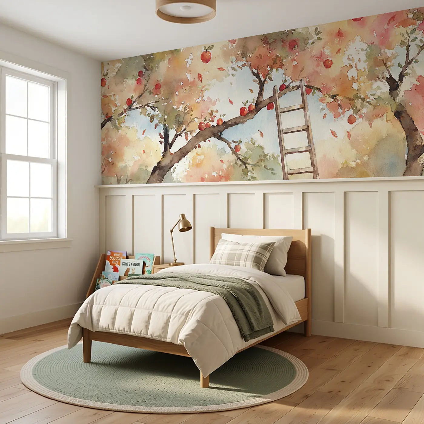 Apple Orchard Harvest Wainscoting Wallpaper styled in a kids bedroom by Whimsy Tots
