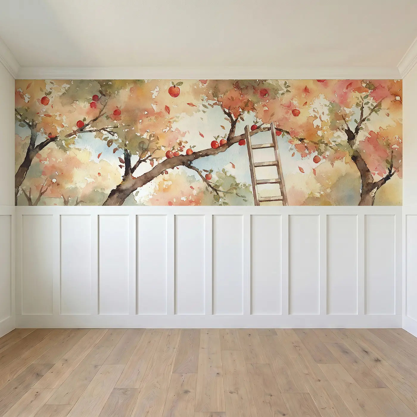 Full panel view of Apple Orchard Harvest Wainscoting Wallpaper by Whimsy Tots