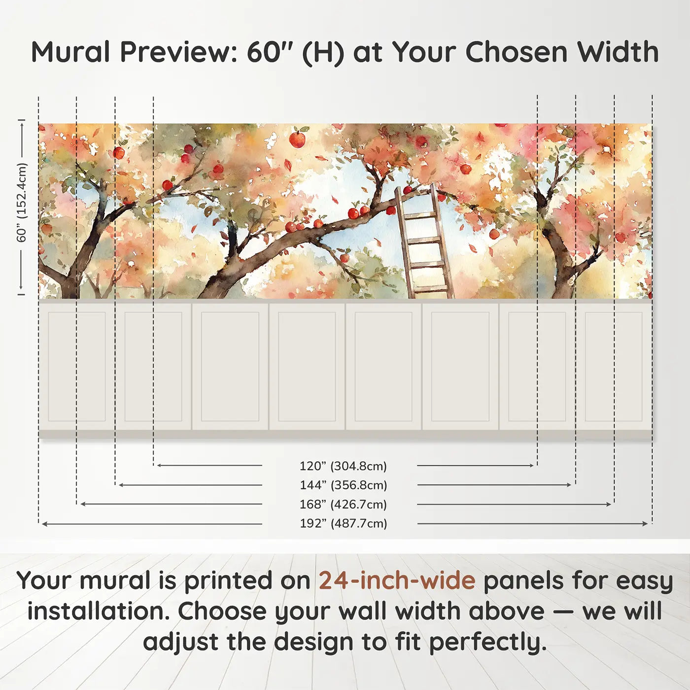 Panel dimensions for Apple Orchard Harvest Wainscoting Wallpaper by Whimsy Tots