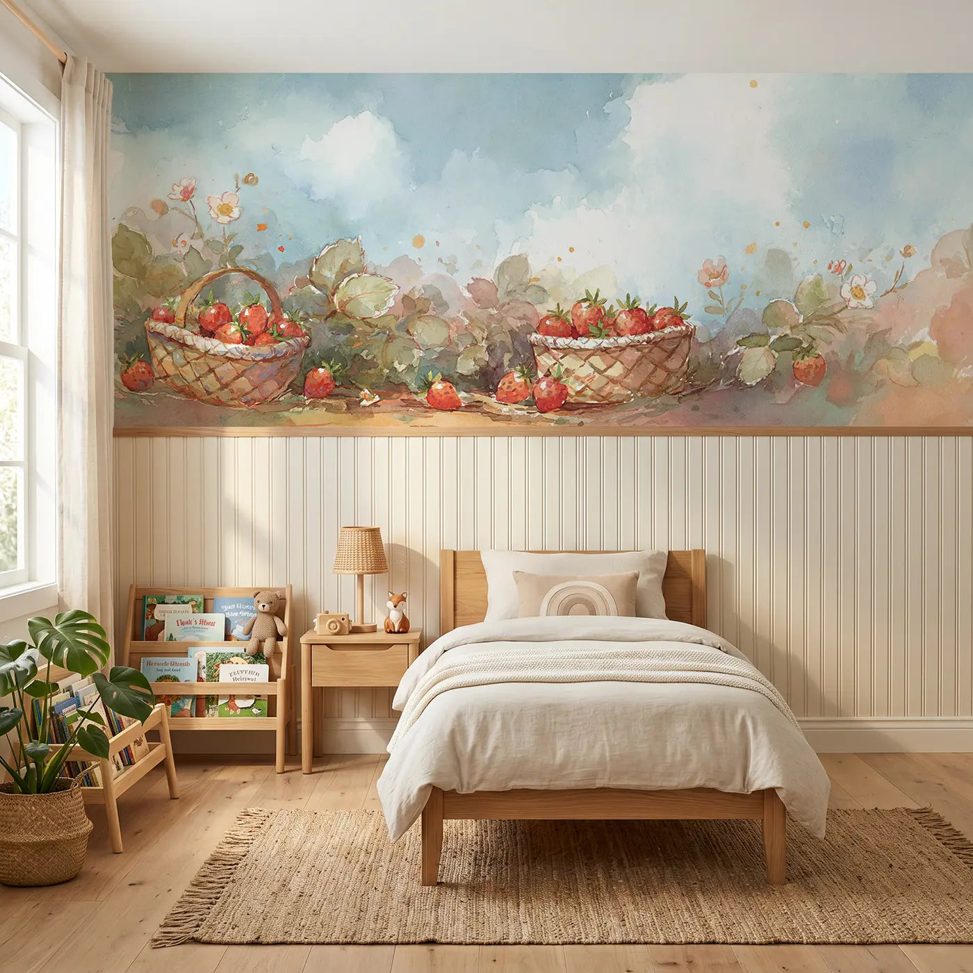 Watercolor strawberry patch baskets wainscoting wallpaper for bedroom by Whimsy Tots.