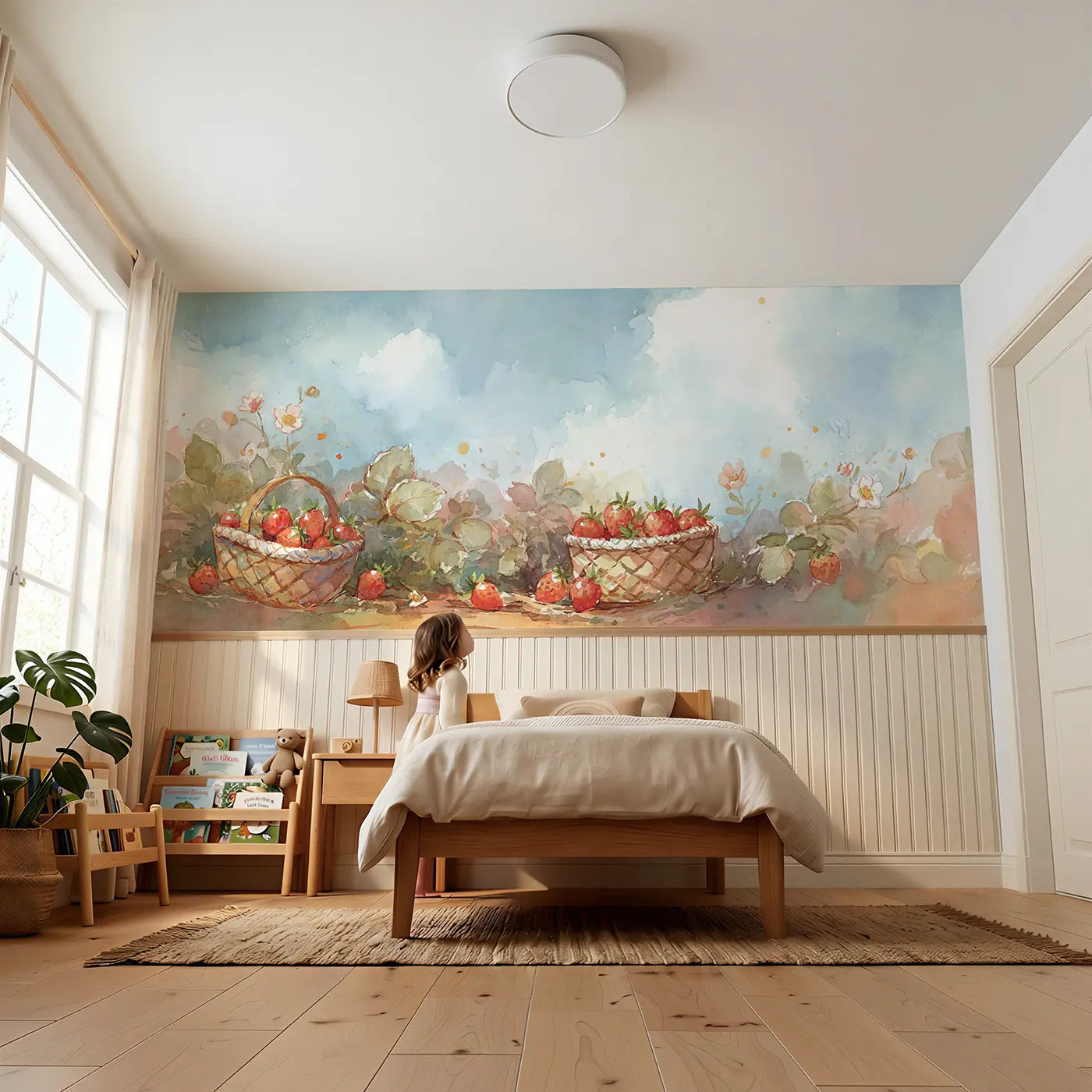 Child reading near Strawberry Patch Baskets Wainscoting Wallpaper by Whimsy Tots