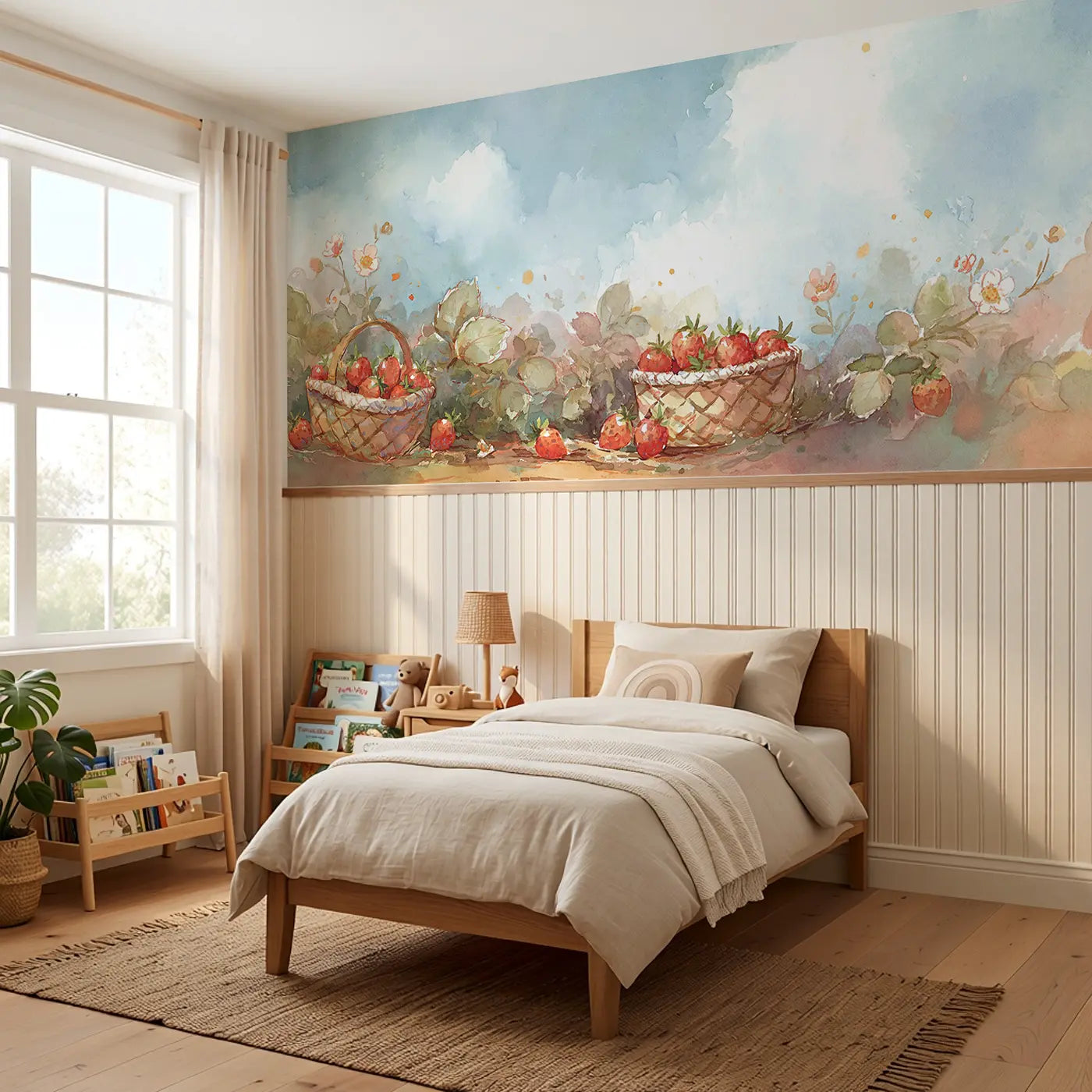 Strawberry Patch Baskets Wainscoting Wallpaper styled in a kids bedroom by Whimsy Tots