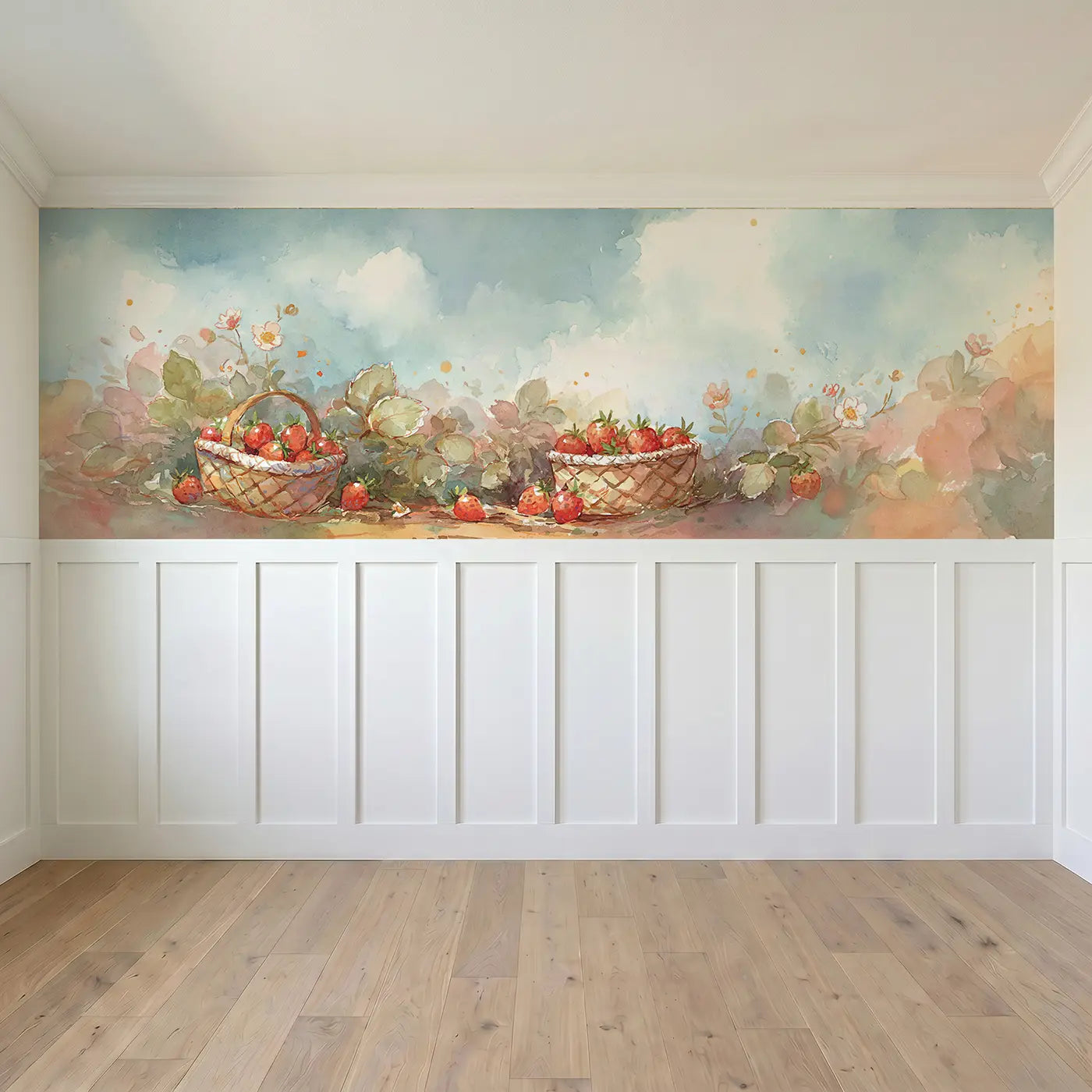 Full panel view of Strawberry Patch Baskets Wainscoting Wallpaper by Whimsy Tots