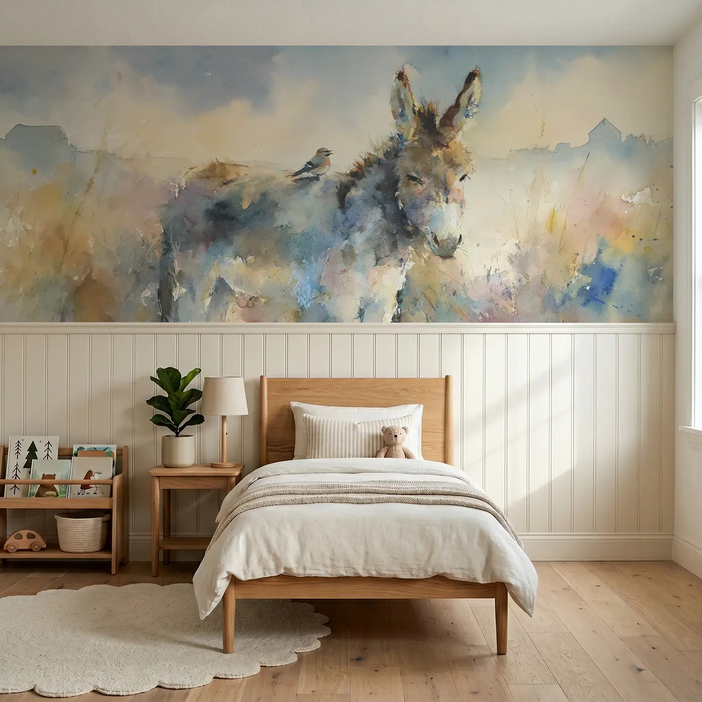 Watercolor donkey field friendly wainscoting wallpaper for bedroom by Whimsy Tots.