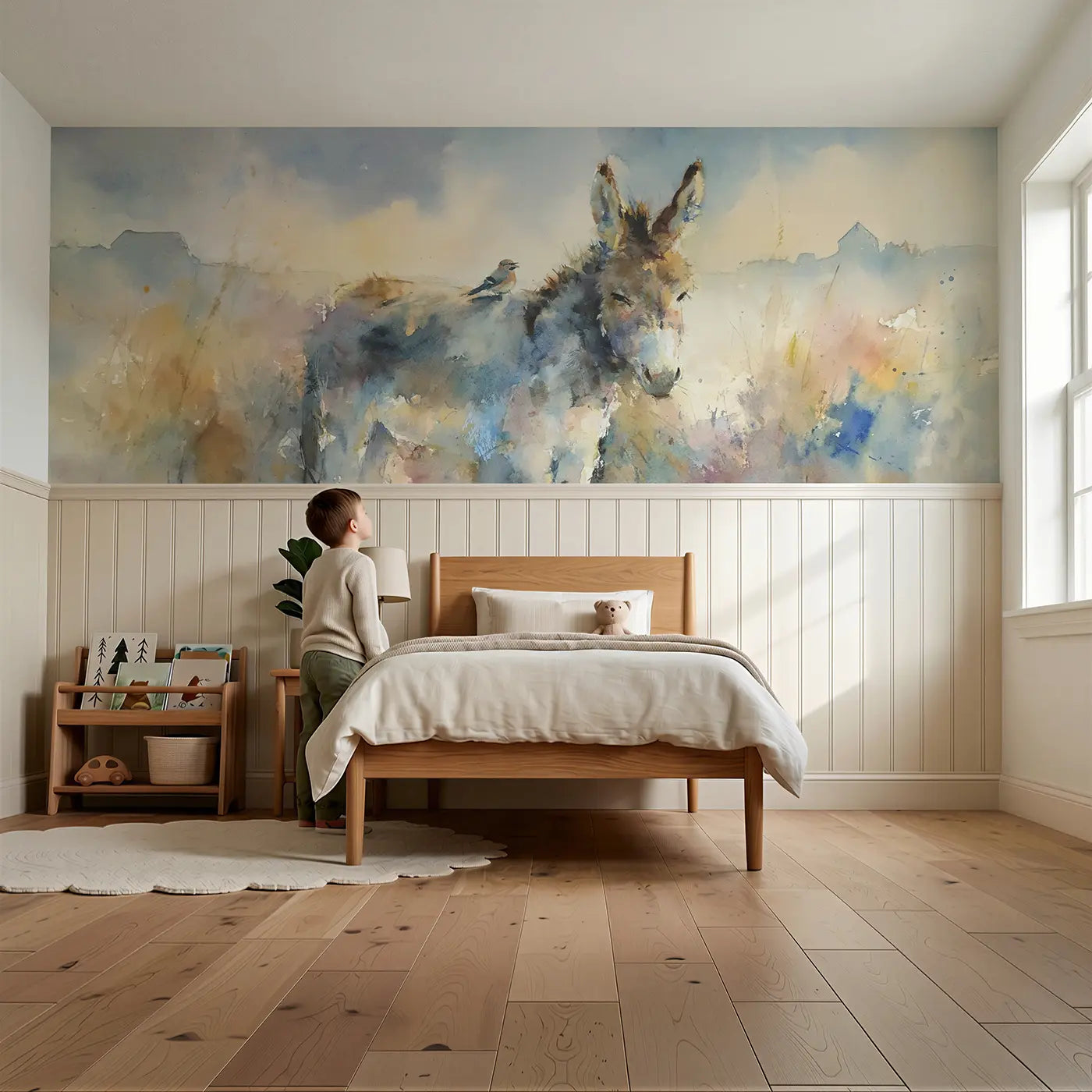 Child reading near Donkey Field Friendly Wainscoting Wallpaper by Whimsy Tots