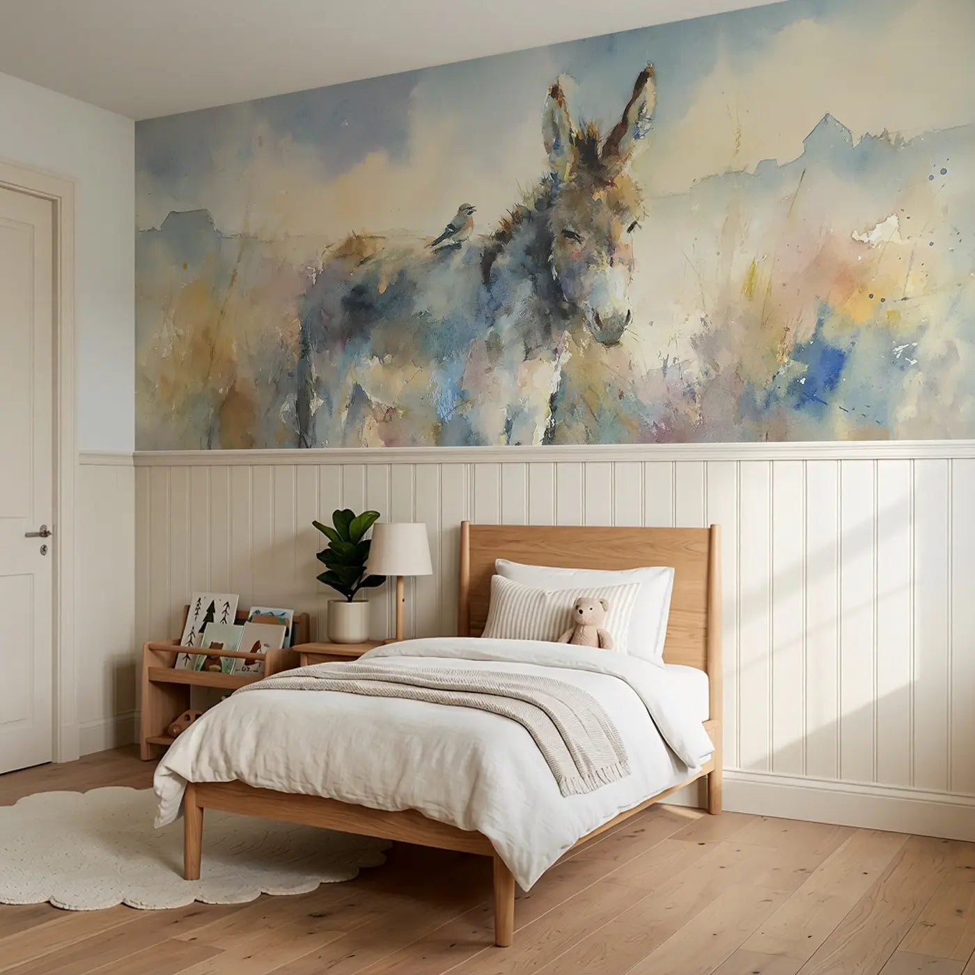 Donkey Field Friendly Wainscoting Wallpaper styled in a kids bedroom by Whimsy Tots