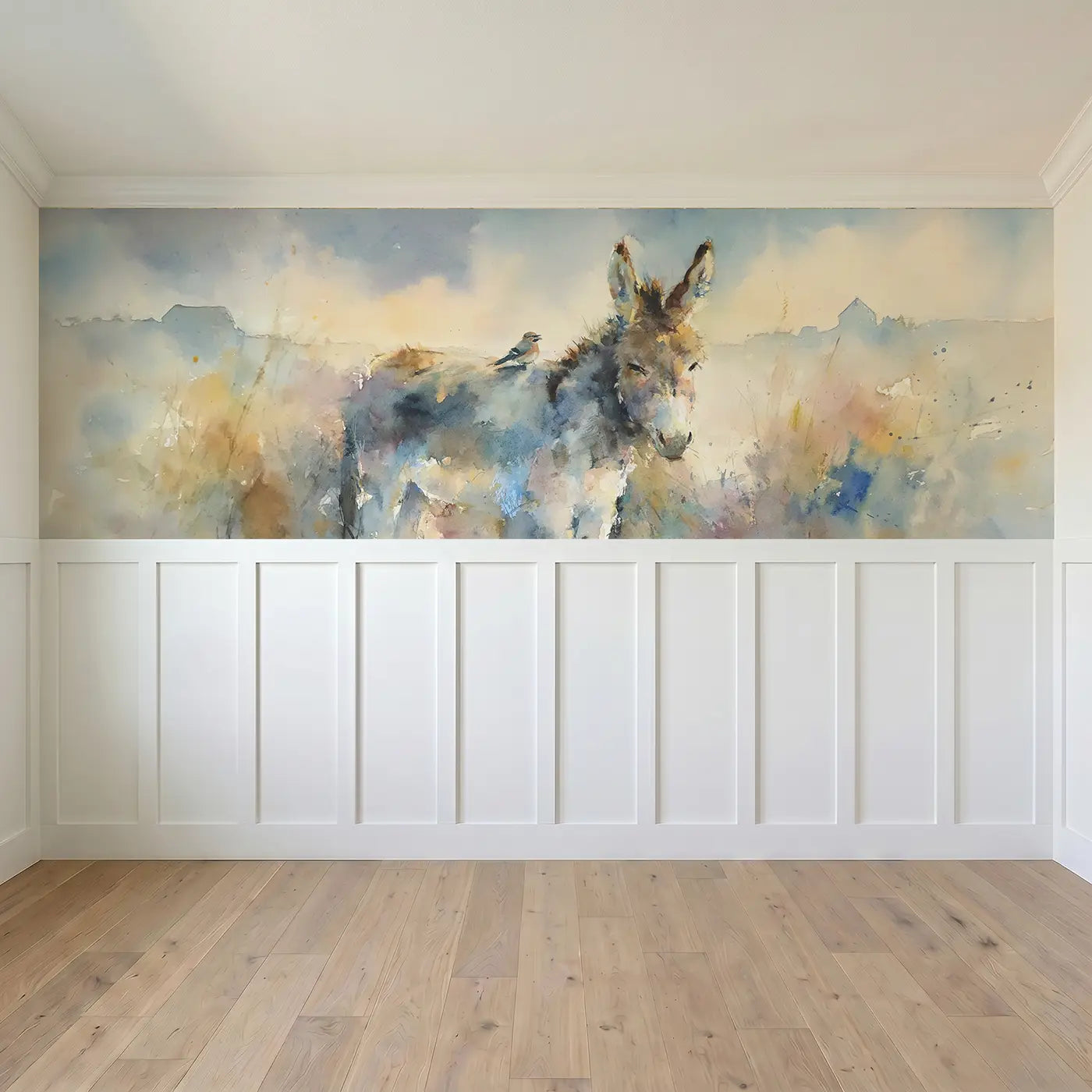 Full panel view of Donkey Field Friendly Wainscoting Wallpaper by Whimsy Tots