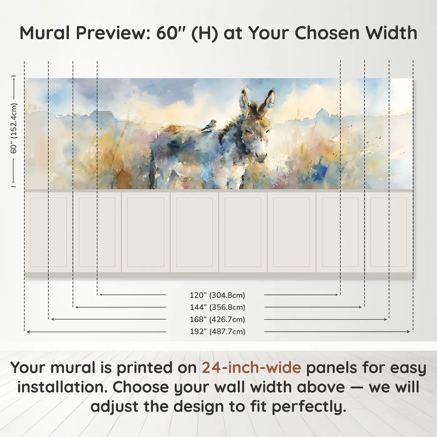 Panel dimensions for Donkey Field Friendly Wainscoting Wallpaper by Whimsy Tots