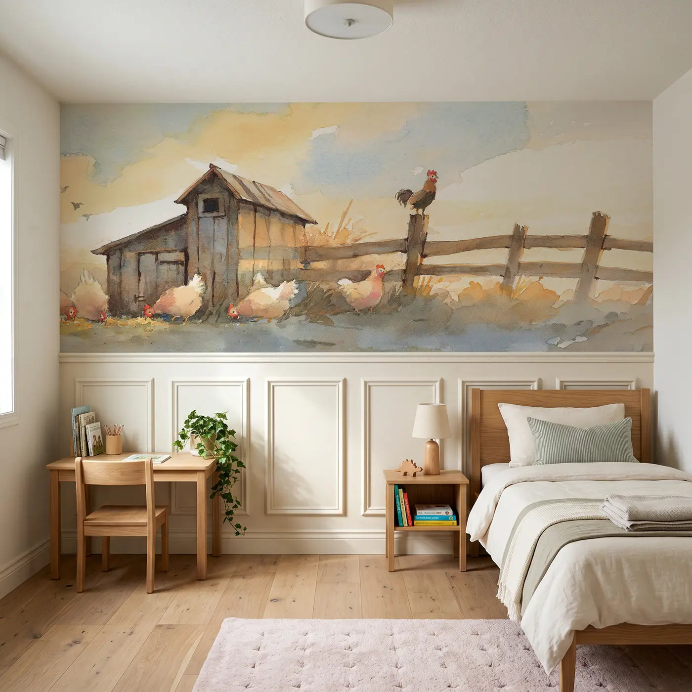 Watercolor chicken coop dawn wainscoting wallpaper for bedroom by Whimsy Tots.