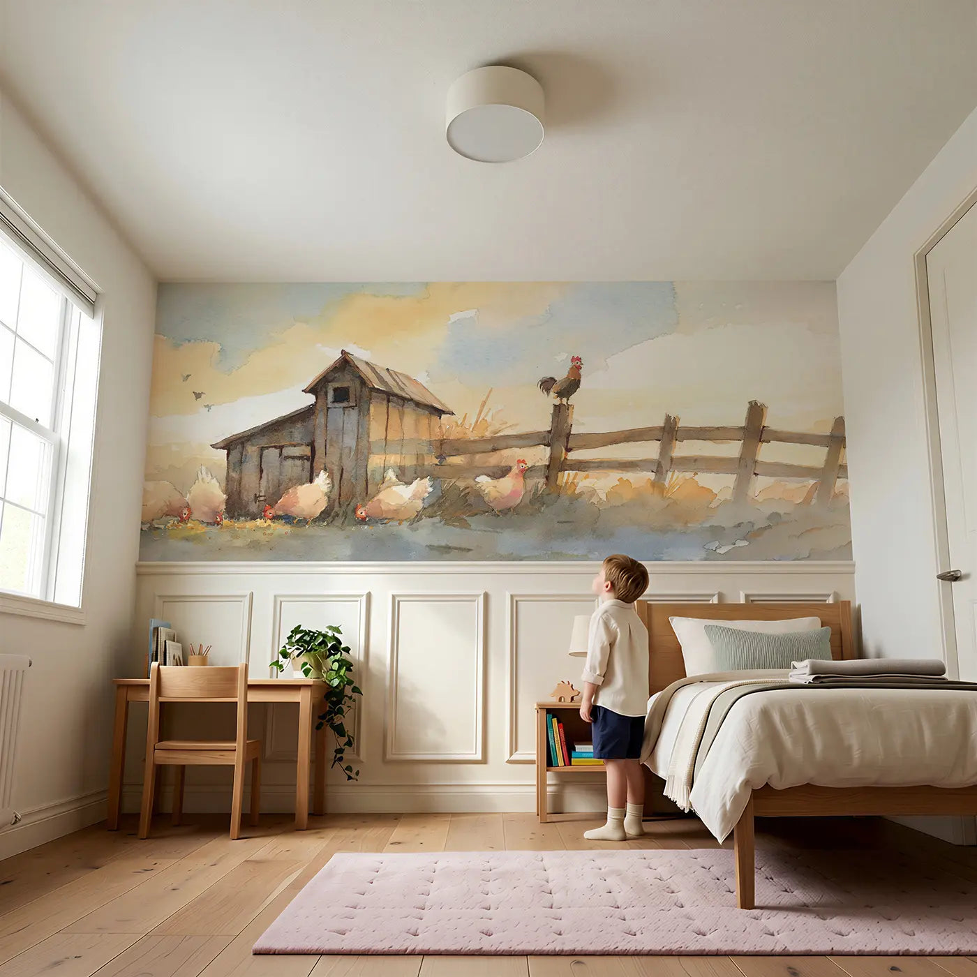 Child reading near Chicken Coop Dawn Wainscoting Wallpaper by Whimsy Tots