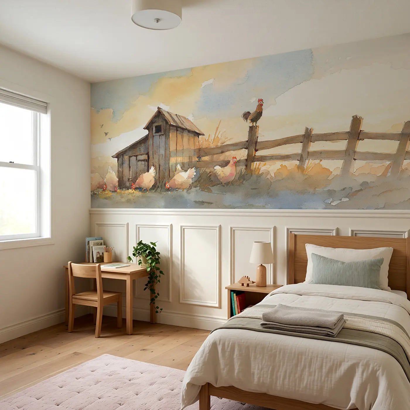 Chicken Coop Dawn Wainscoting Wallpaper styled in a kids bedroom by Whimsy Tots