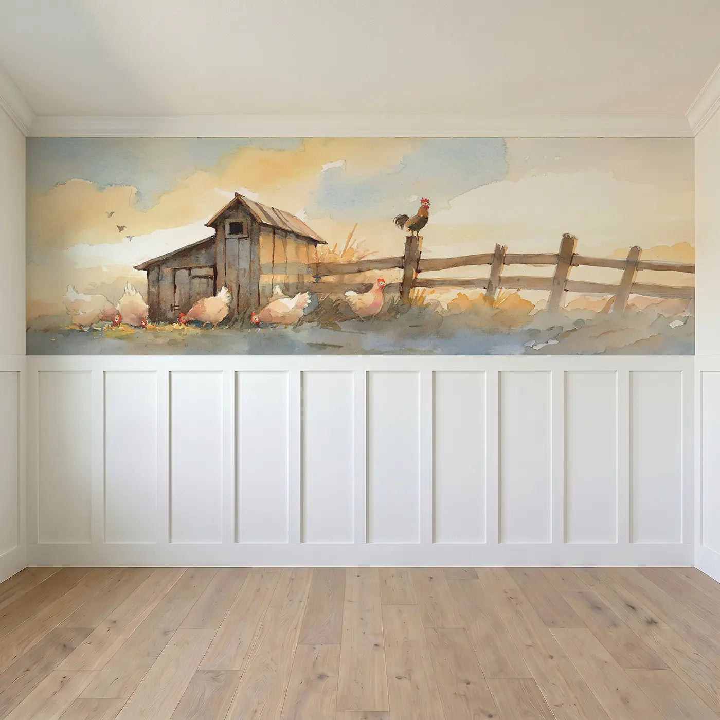 Full panel view of Chicken Coop Dawn Wainscoting Wallpaper by Whimsy Tots