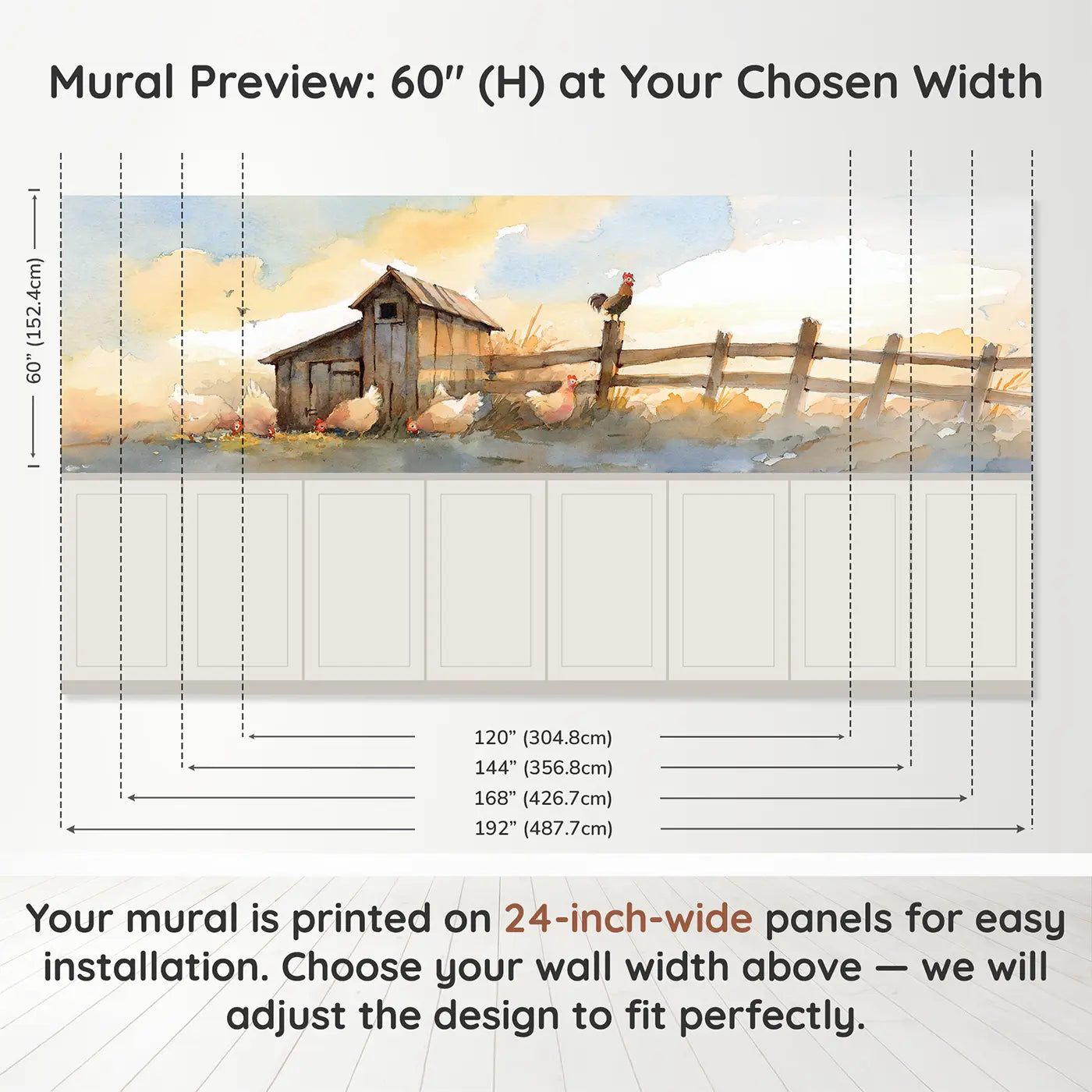 Panel dimensions for Chicken Coop Dawn Wainscoting Wallpaper by Whimsy Tots
