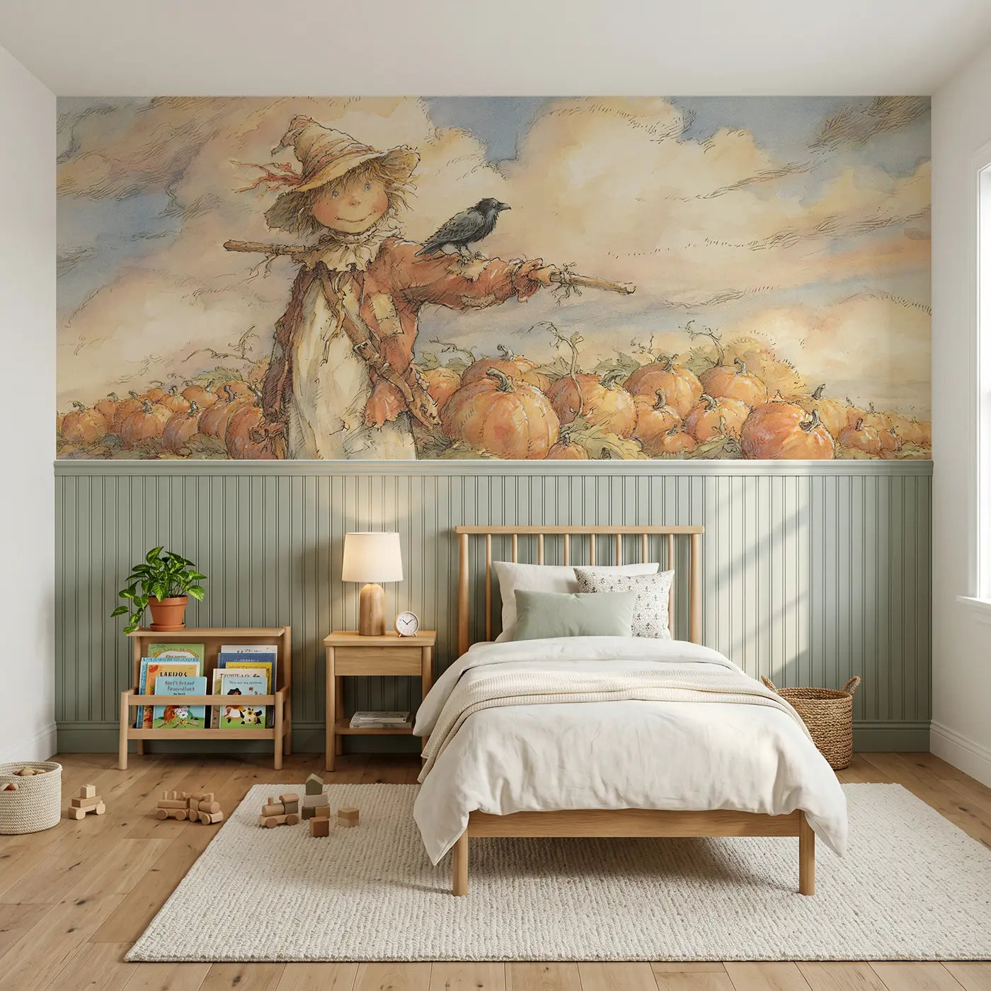 Storybook scarecrow pumpkin patch wainscoting wallpaper for bedroom by Whimsy Tots.