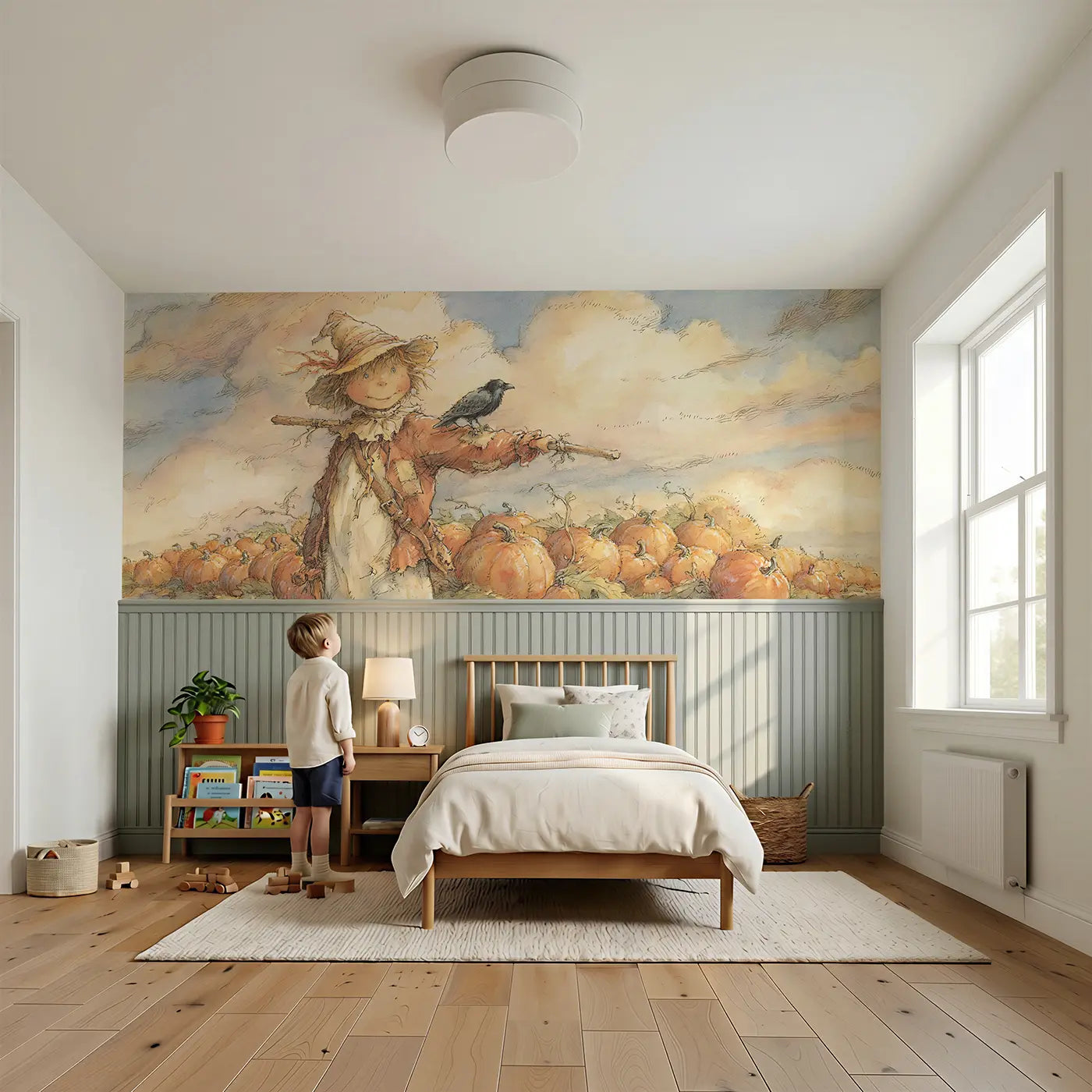 Child reading near Scarecrow Pumpkin Patch Wainscoting Wallpaper by Whimsy Tots