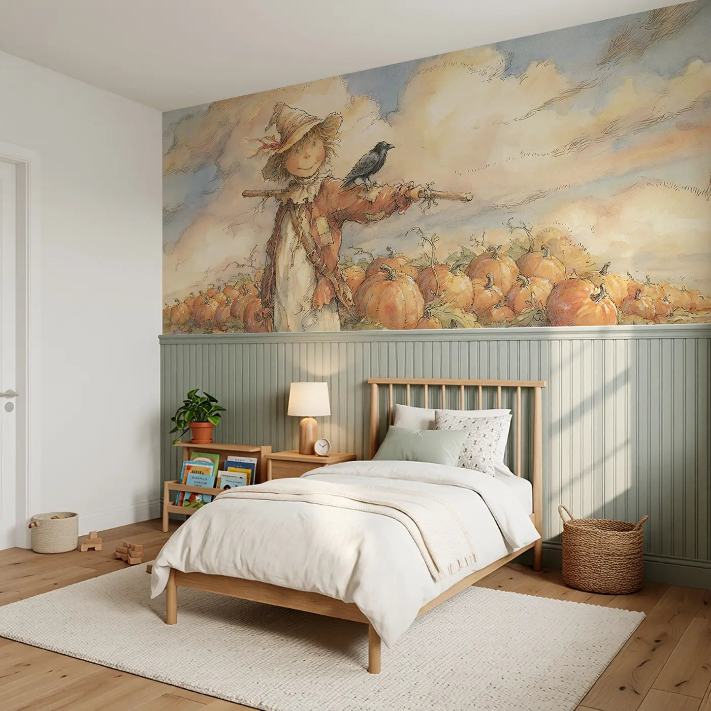 Scarecrow Pumpkin Patch Wainscoting Wallpaper styled in a kids bedroom by Whimsy Tots