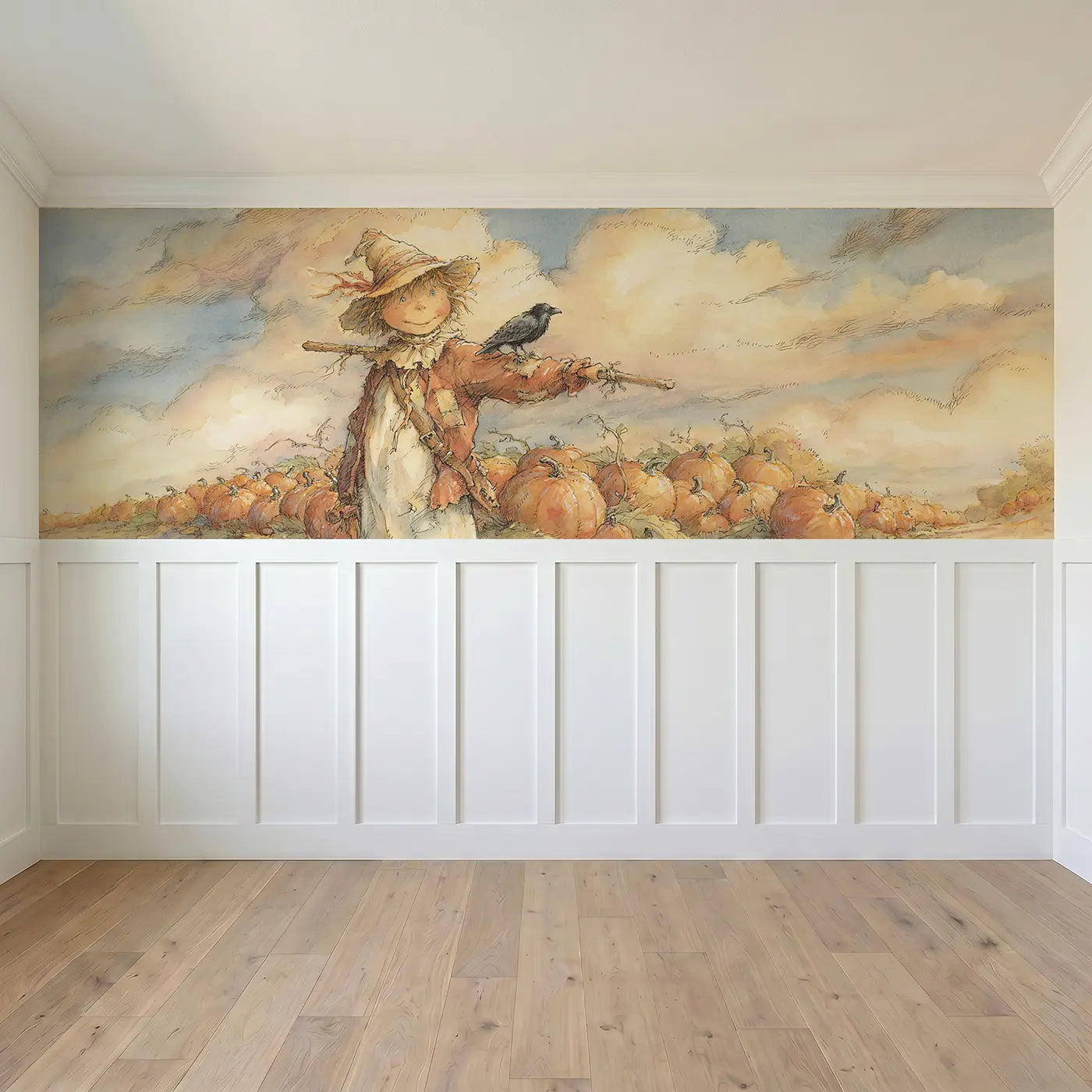 Full panel view of Scarecrow Pumpkin Patch Wainscoting Wallpaper by Whimsy Tots