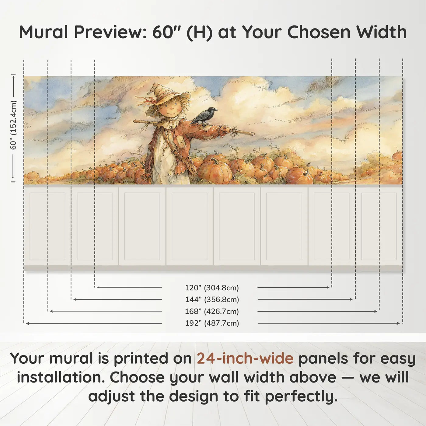 Panel dimensions for Scarecrow Pumpkin Patch Wainscoting Wallpaper by Whimsy Tots